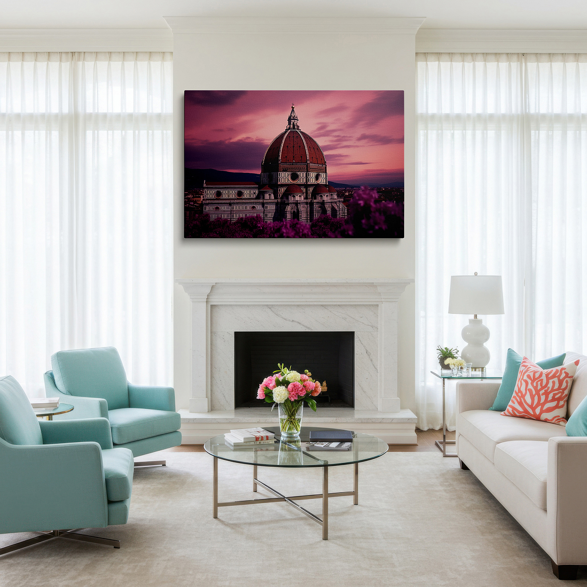 Set in a minimalist interior with textured walls and soft rugs — wall art: twilight majesty of florence duomo - experience the radiant spectrum and historical grandeur with large canvas wall art for home and office decor