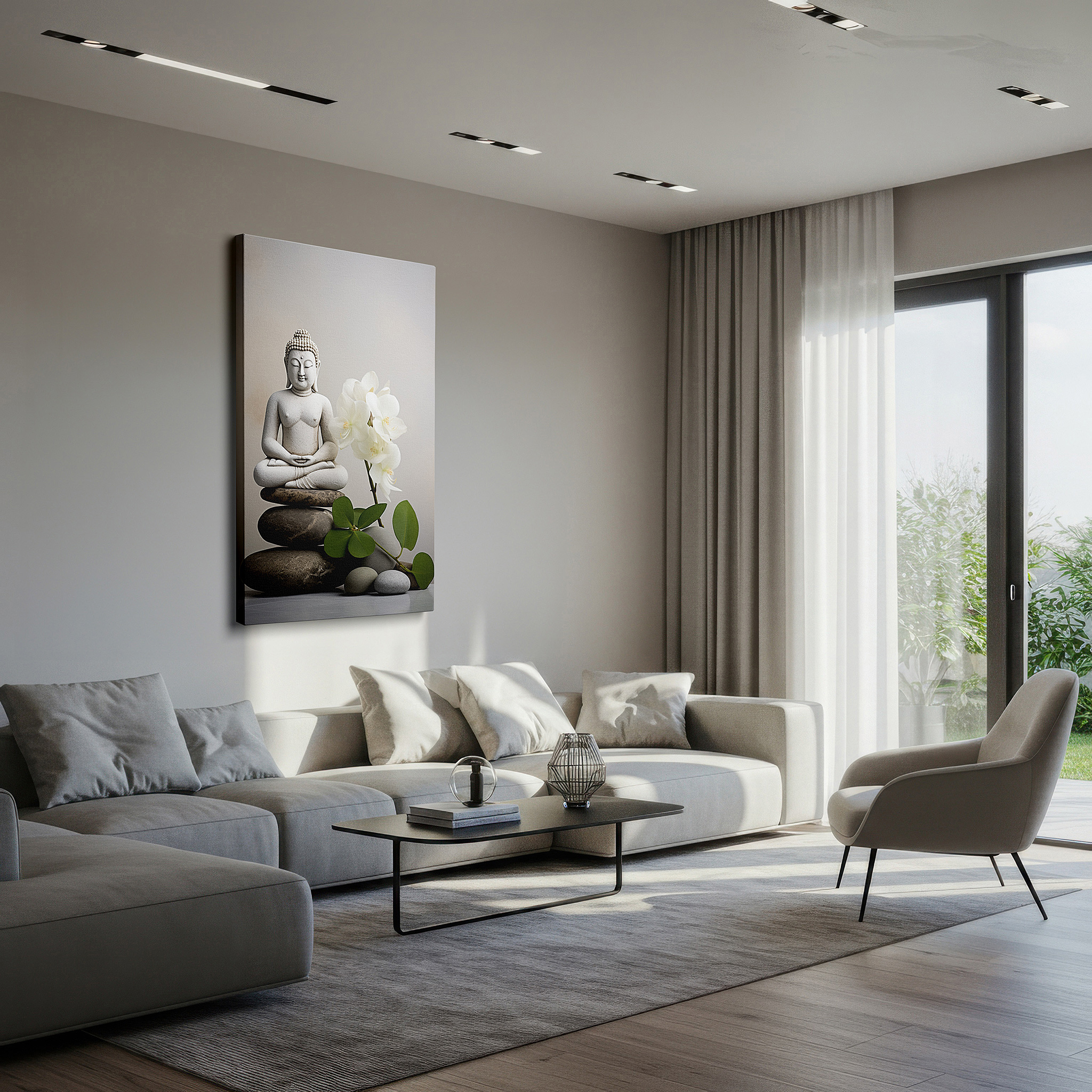 Set in a minimalist interior with textured walls and soft rugs — wall decor: eternal serenity - large canvas featuring a buddha statue, orchids, and pebbles, symbolizing calm and enlightenment