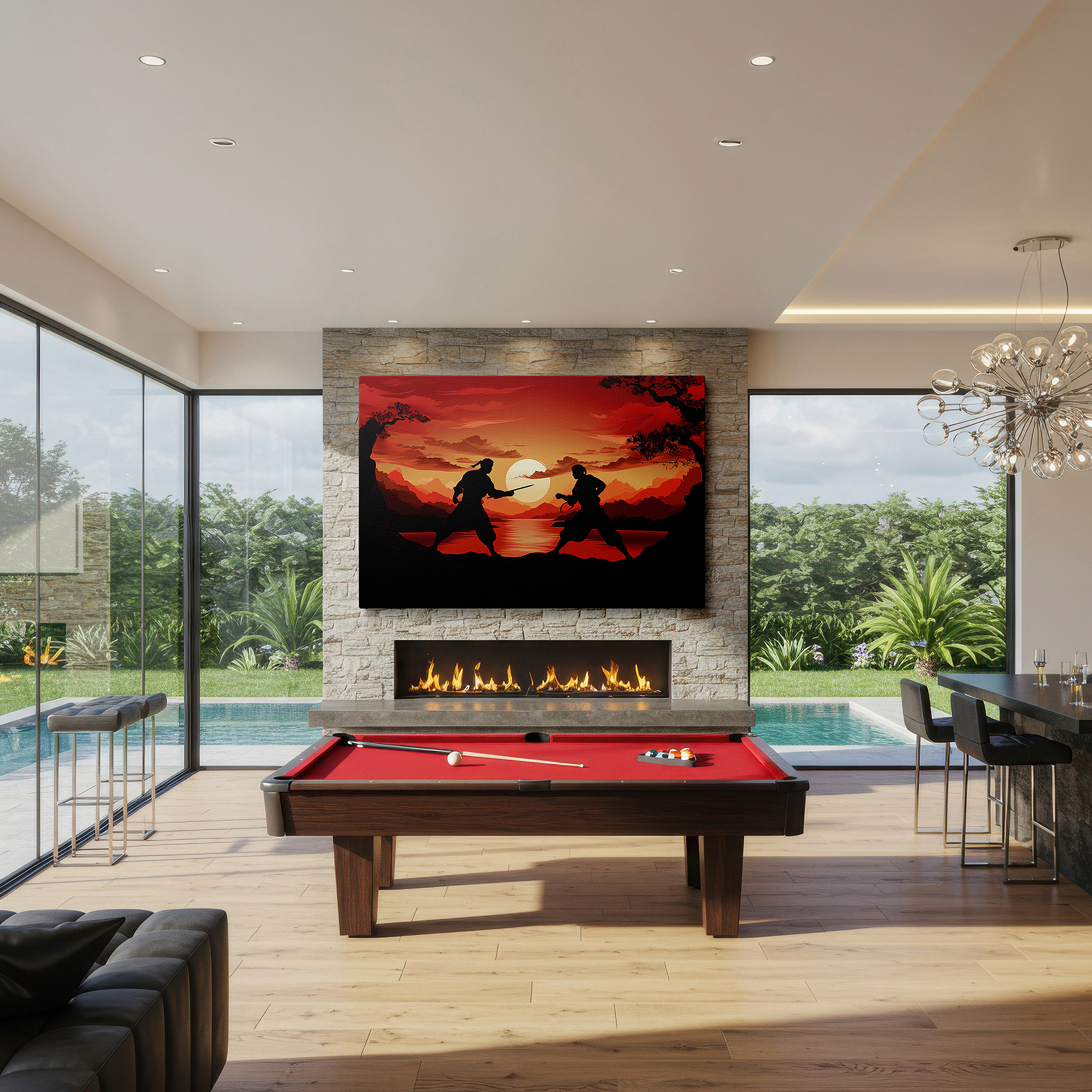 Set in a minimalist interior with textured walls and soft rugs — wall decor: tranquil nature and dynamic martial arts duel, large canvas art for home decor