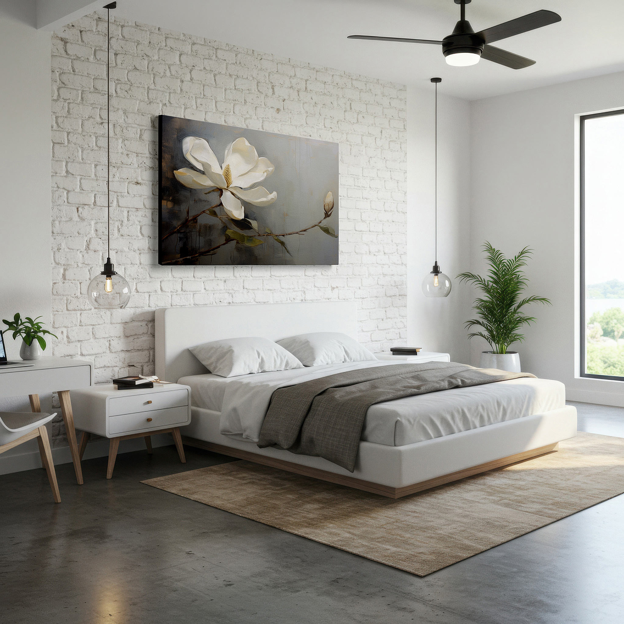 Set in a minimalist interior with textured walls and soft rugs — white magnolia in bloom: a masterful blend of light, shadow, and tranquil hues - large canvas wall art for office decor