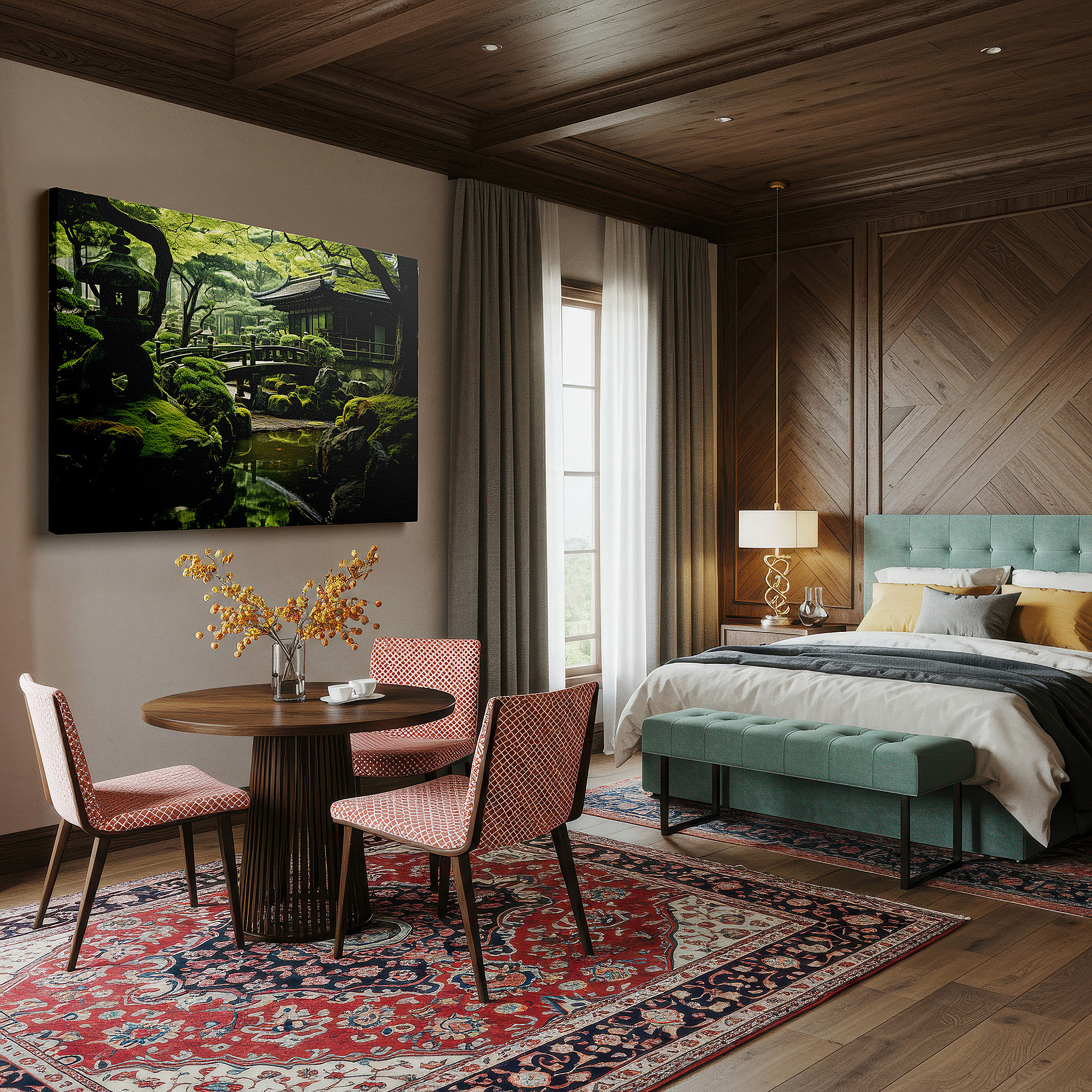 Set in a minimalist interior with textured walls and soft rugs — zen garden canvas wall art featuring a serene wooden bridge over calm waters, ideal for office or bedroom decor