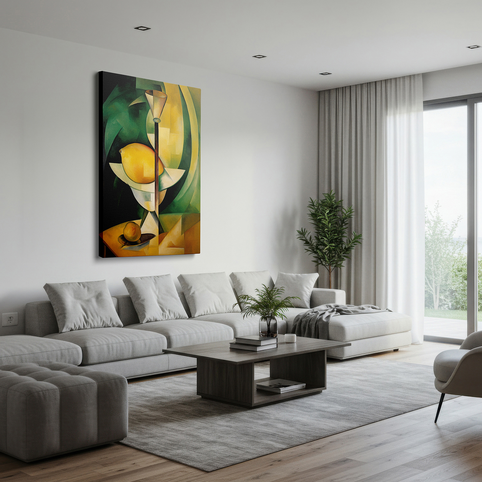 Side profile highlights a tightly wrapped canvas over a 3 cm deep stretcher — cubist abstract still life featuring lemon and orange on a geometric table, large canvas wall art for home and office decor