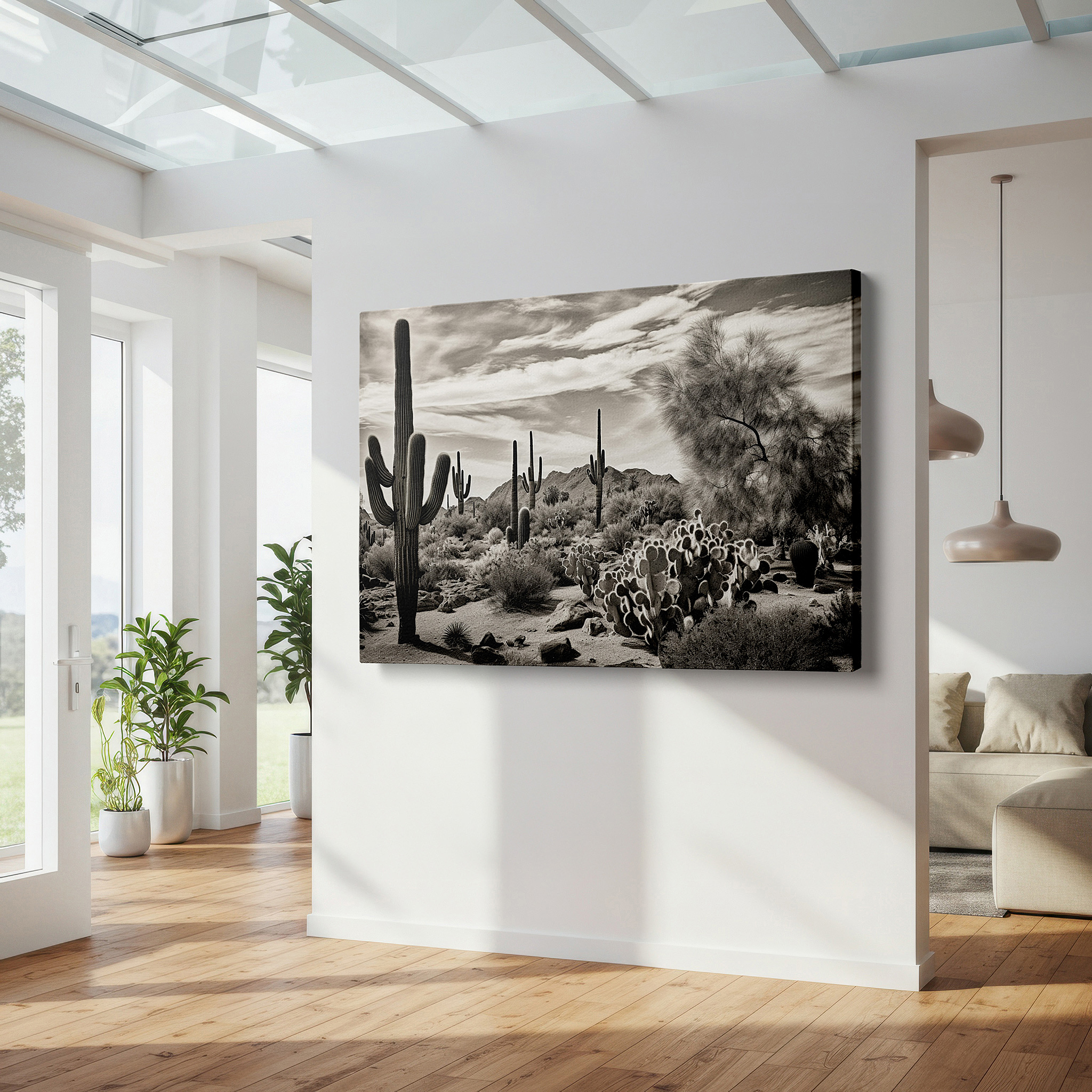 Side profile highlights a tightly wrapped canvas over a 3 cm deep stretcher — desert majesty wall art: serene saguaro cacti, dramatic clouds, and rugged mountains - large canvas for office or bedroom decor