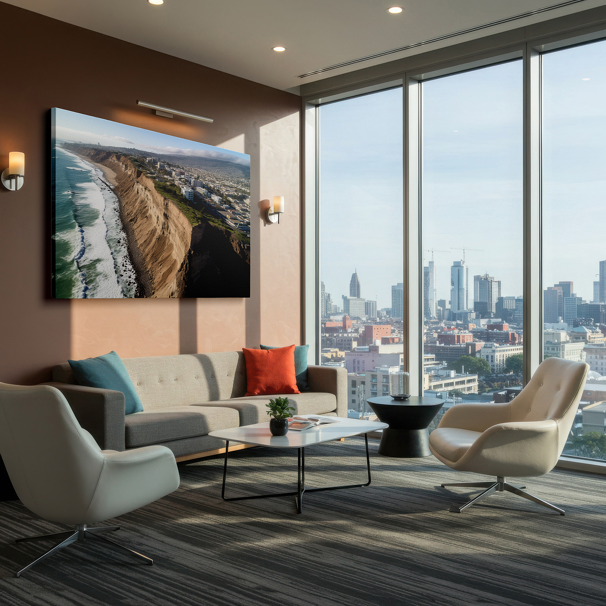 Side profile highlights a tightly wrapped canvas over a 3 cm deep stretcher — dramatic coastal cliffs and peaceful seas - large wall art for coastal landscapes, canvas art, decorative wall art for offices and bedrooms