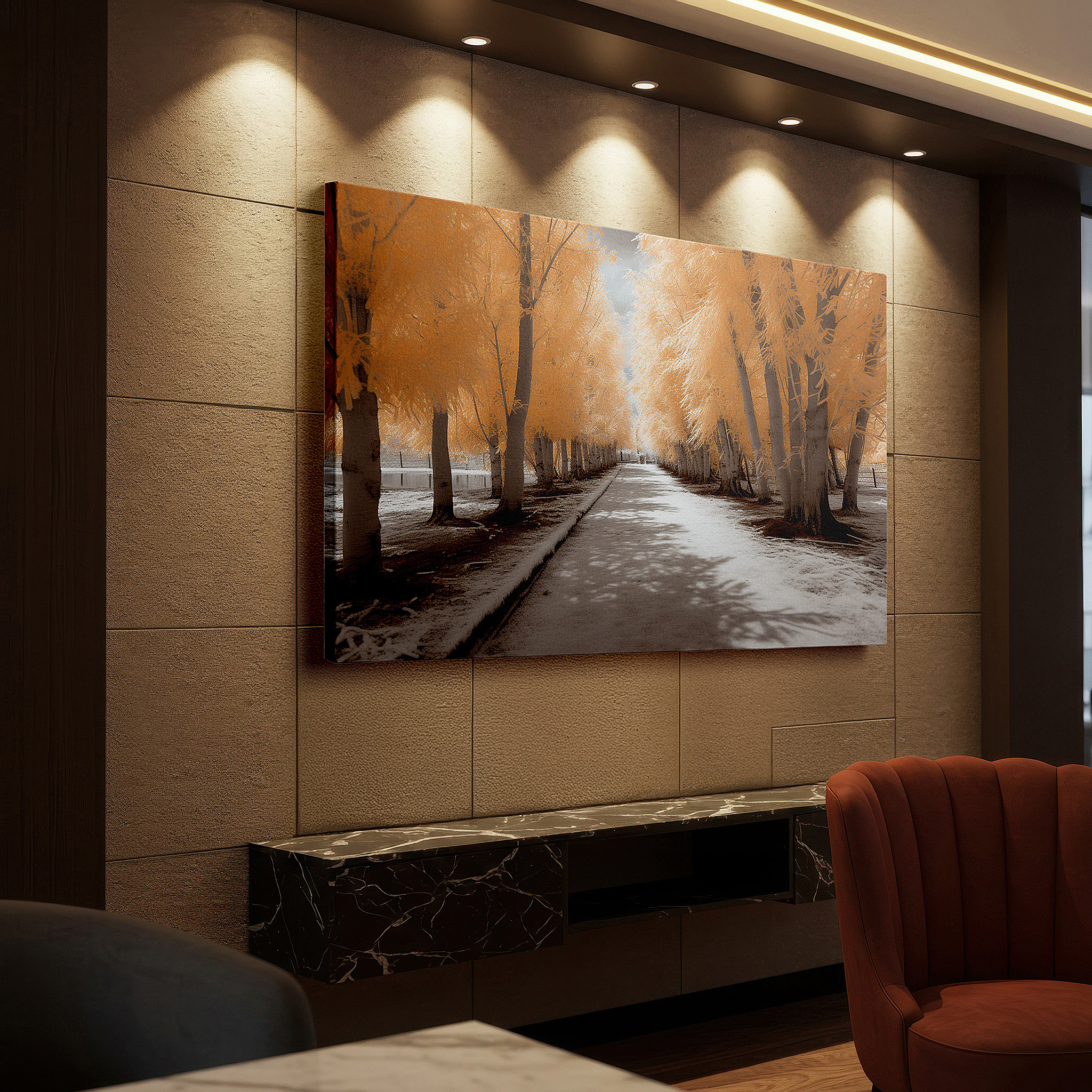 Side profile highlights a tightly wrapped canvas over a 3 cm deep stretcher — dreamlike pathway under majestic trees at sunset large wall art, canvas wall art, wall decor for office and bedroom
