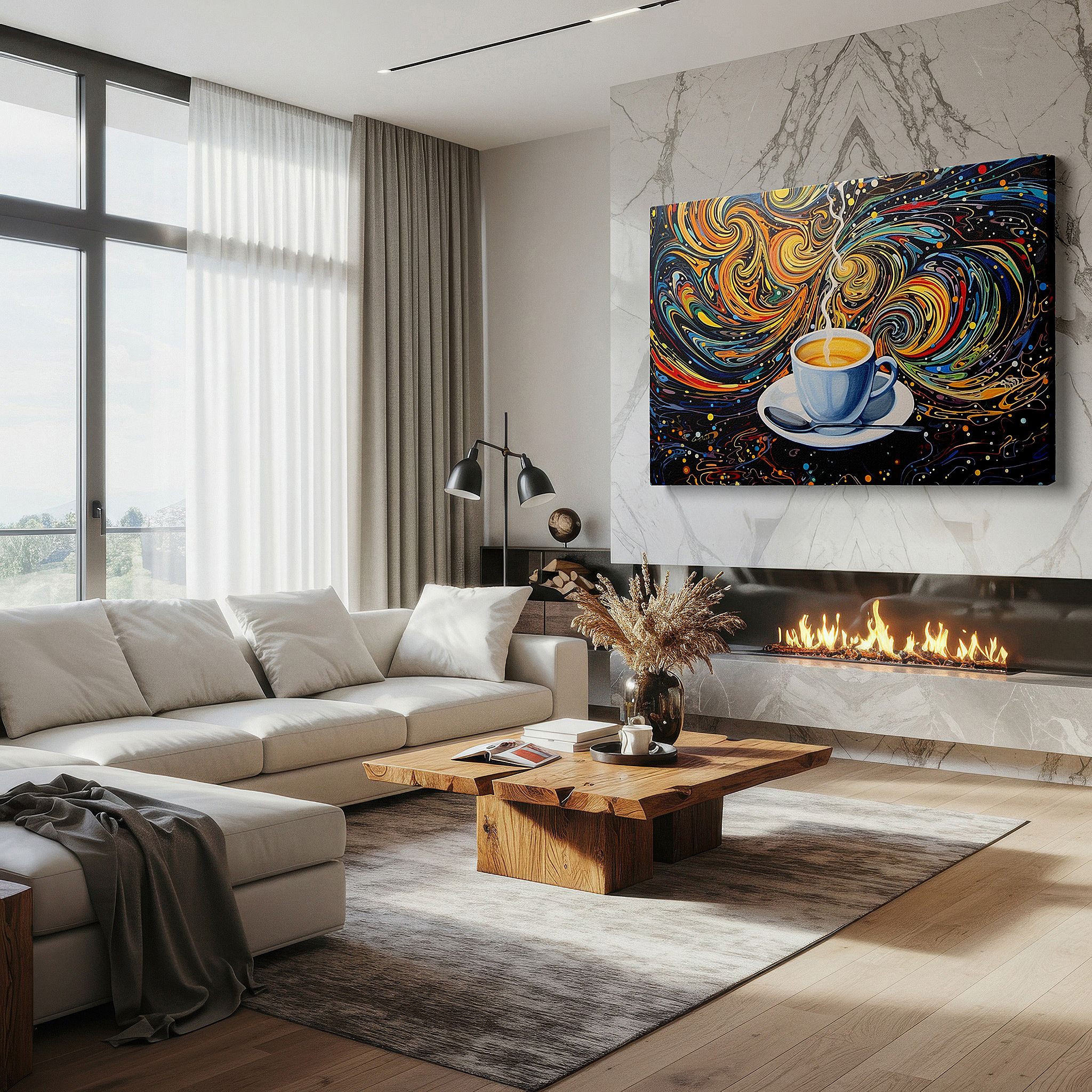 Side profile highlights a tightly wrapped canvas over a 3 cm deep stretcher — dynamic coffee culture symphony wall art, energizing and creative large canvas decor for office and bedroom