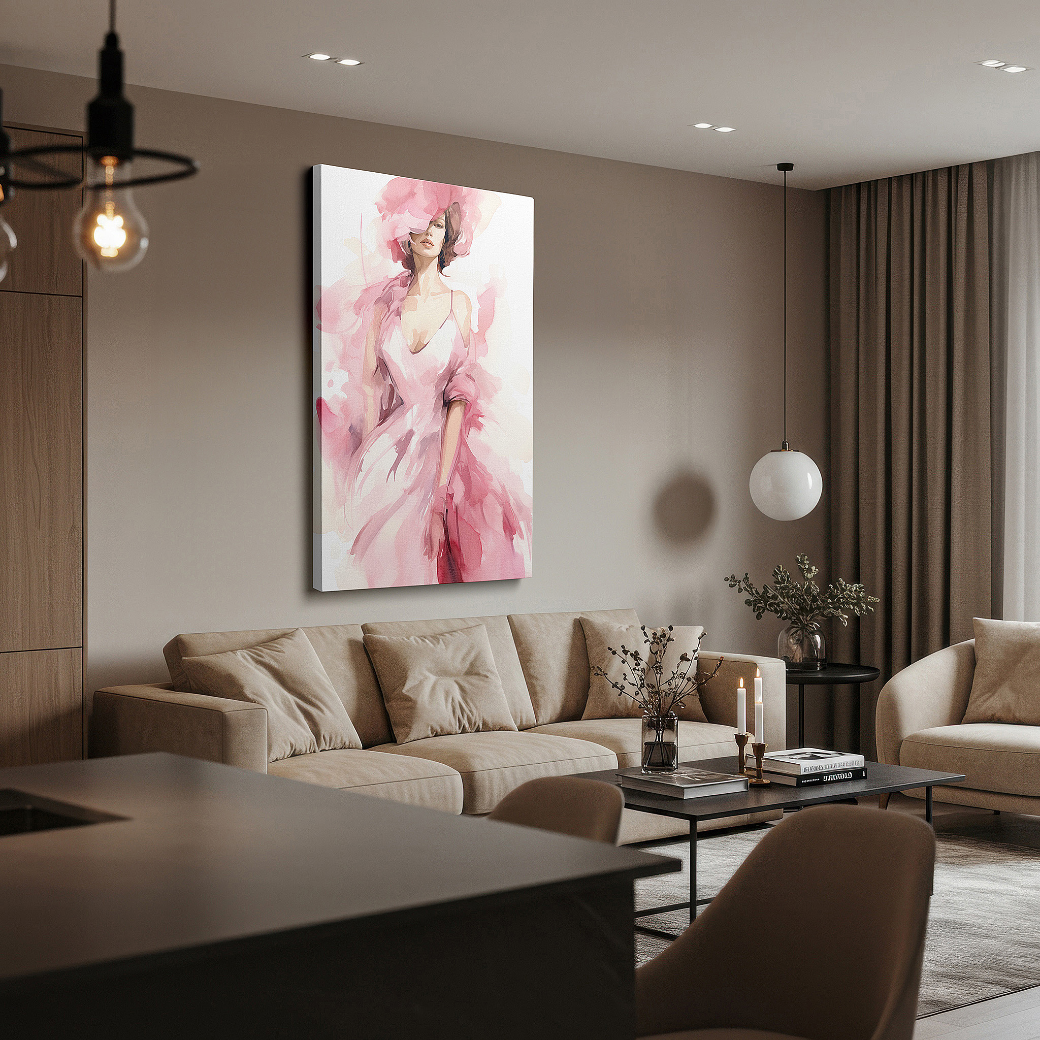 Side profile highlights a tightly wrapped canvas over a 3 cm deep stretcher — elegant contemporary feminine style with a flowing pink gown large wall art, canvas wall art, wall decor for office, bedroom, and living room
