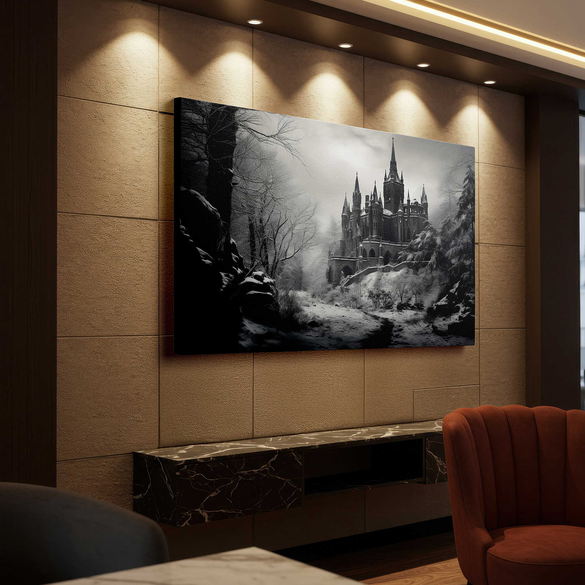 Side profile highlights a tightly wrapped canvas over a 3 cm deep stretcher — elegant majestic castle in a snowy wonderland: old-world charm large wall art, canvas wall art, wall decor for office and bedroom