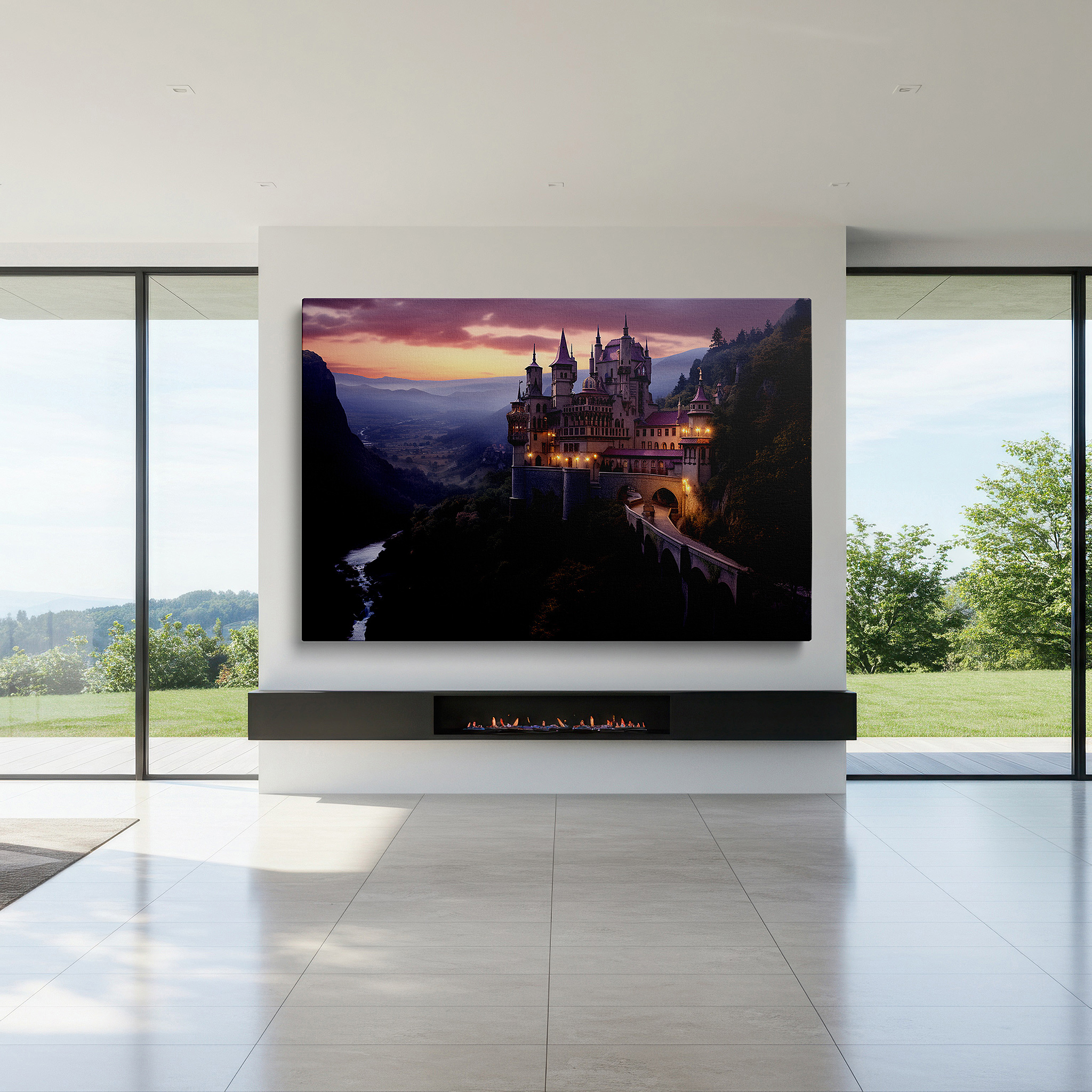 Side profile highlights a tightly wrapped canvas over a 3 cm deep stretcher — enchanting castle on a cliff with sunset valley view - large wall art, canvas print, office decor