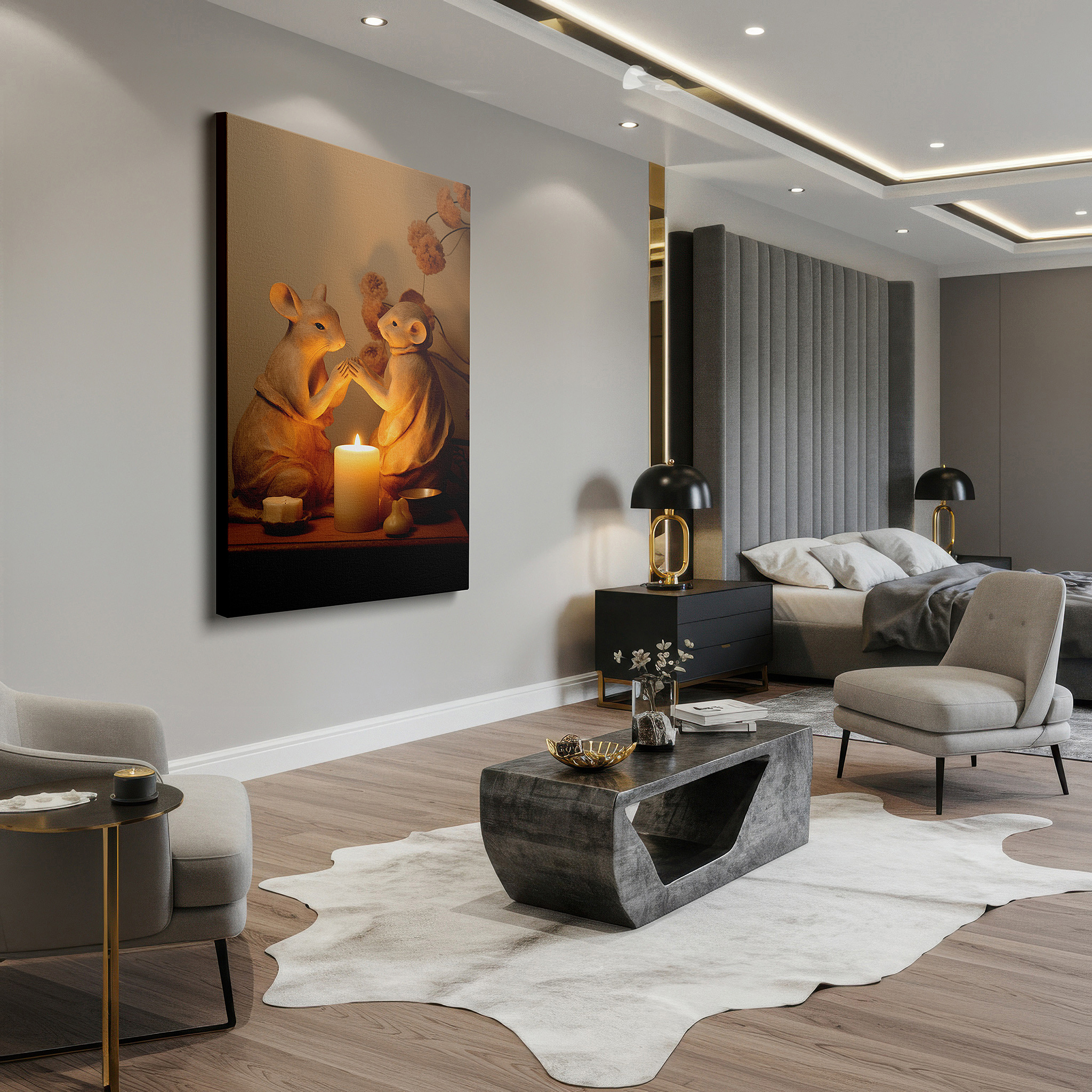 Side profile highlights a tightly wrapped canvas over a 3 cm deep stretcher — enchanting mouse figurines in candlelight shadow play: whimsical large wall art, canvas decor for office and home