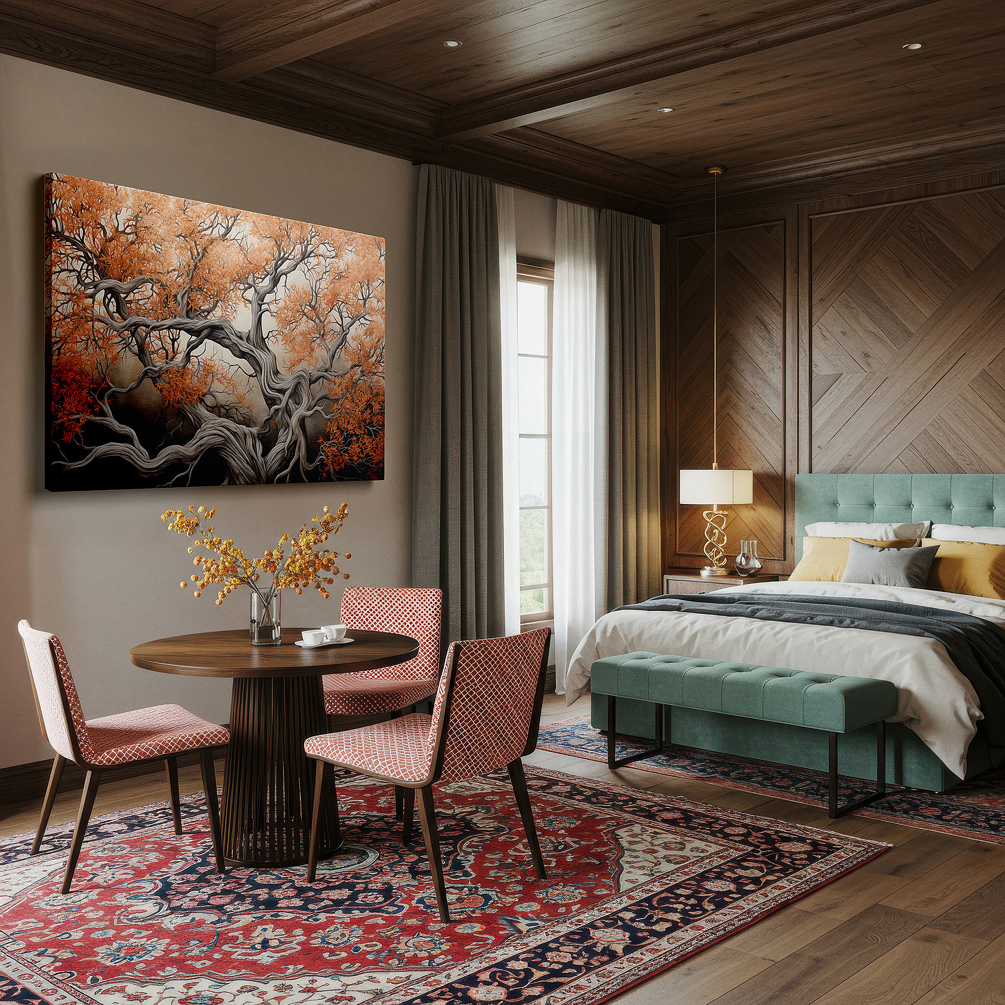 Side profile highlights a tightly wrapped canvas over a 3 cm deep stretcher — fiery orange autumn tree with gnarled branches large canvas wall art, dramatic dark backdrop wall decor