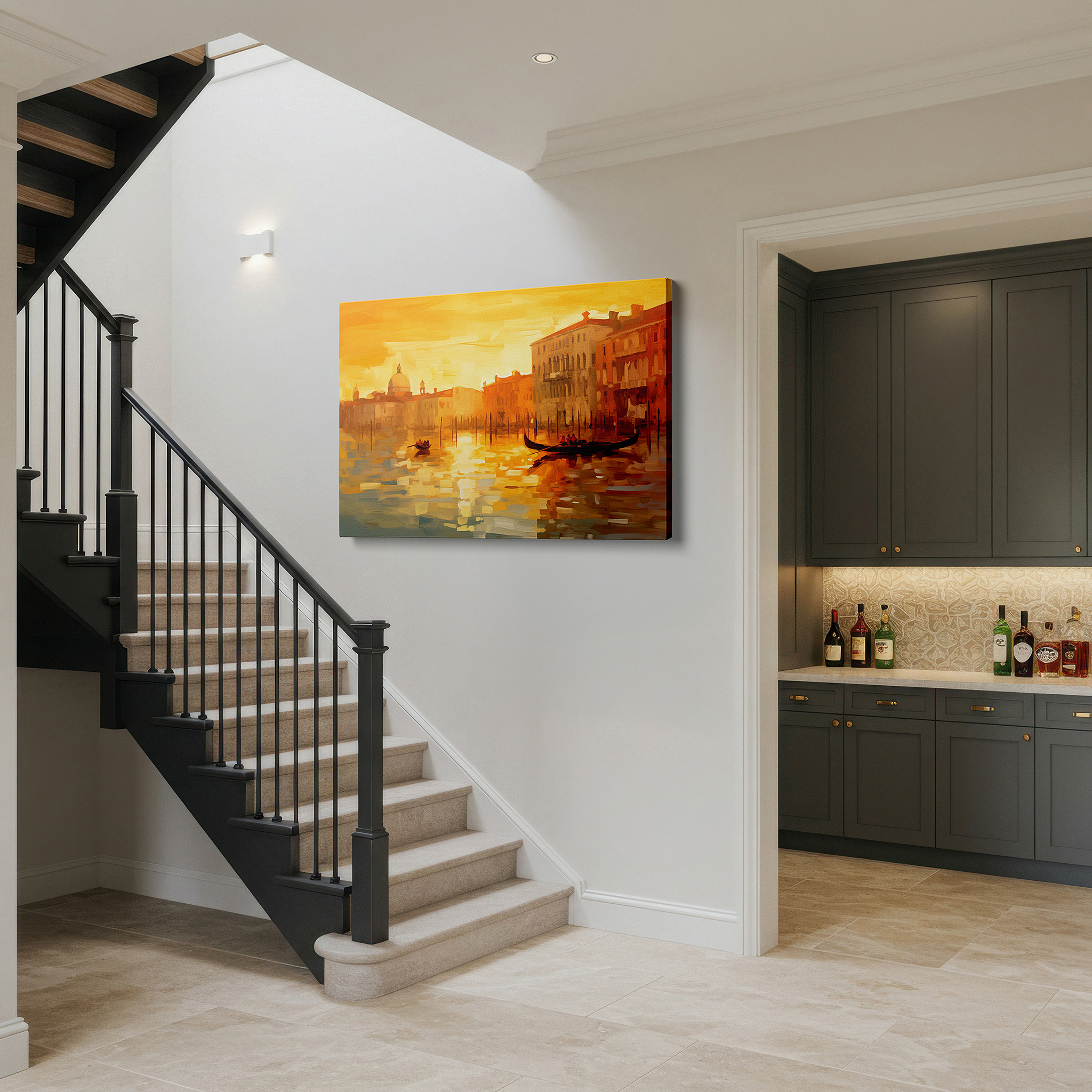 Side profile highlights a tightly wrapped canvas over a 3 cm deep stretcher — golden reflections dance across serene waters: vibrant abstract canvas wall art for office, bedroom, and home decor