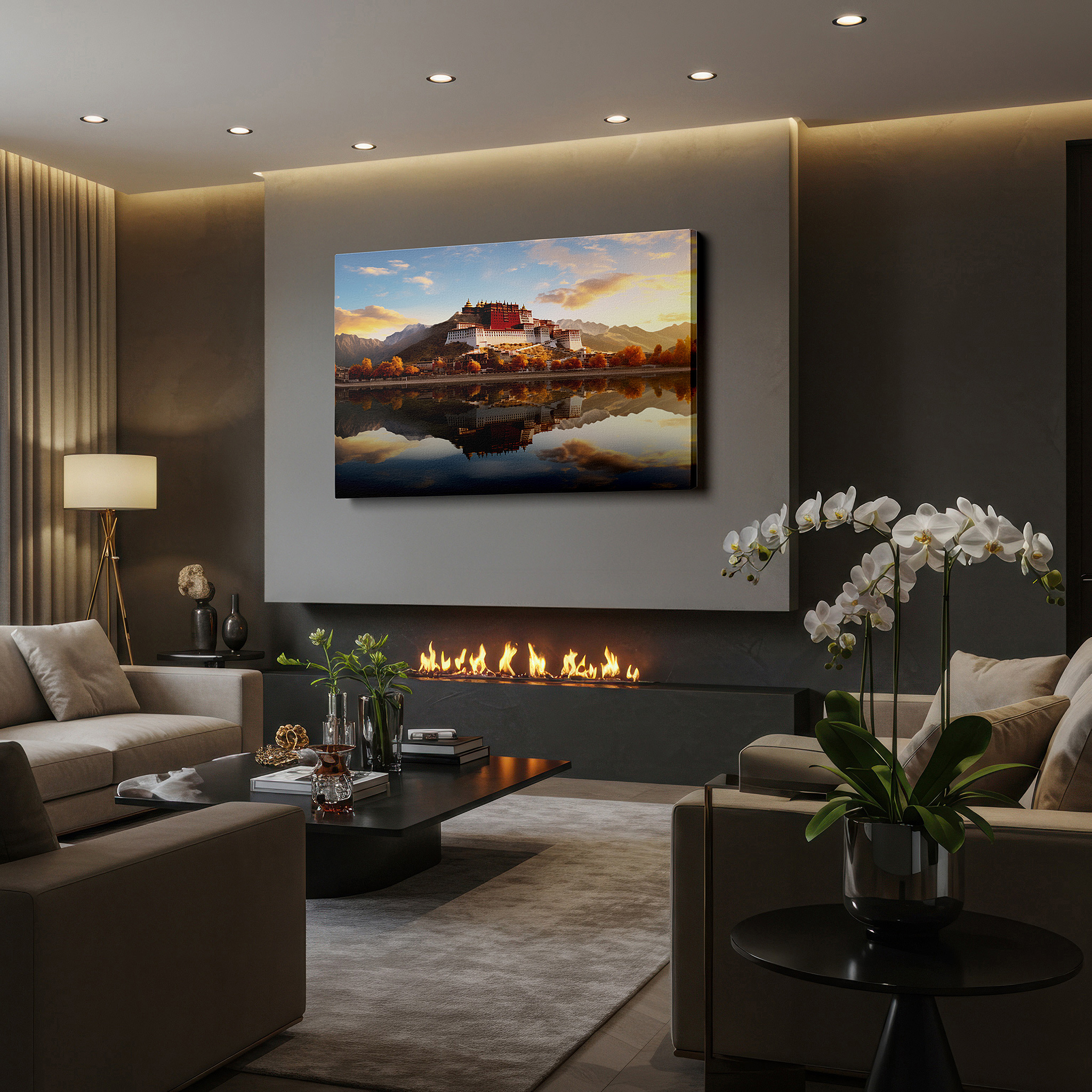 Side profile highlights a tightly wrapped canvas over a 3 cm deep stretcher — golden sunset at potala palace - serene reflection of tibetan architectural grandeur, large canvas wall art for home and office decor