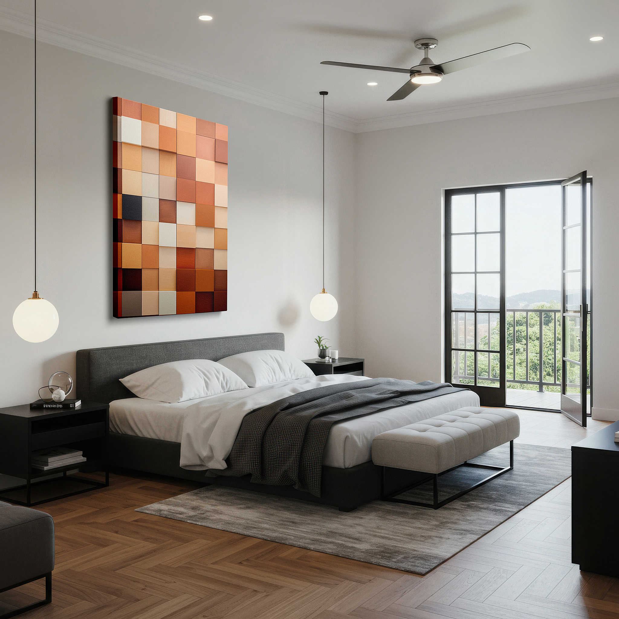 Side profile highlights a tightly wrapped canvas over a 3 cm deep stretcher — a harmony of cozy hues in paint swatches, inspiring relaxation and innovation: large wall art, canvas wall art, wall decor, office wall art, bedroom wall art