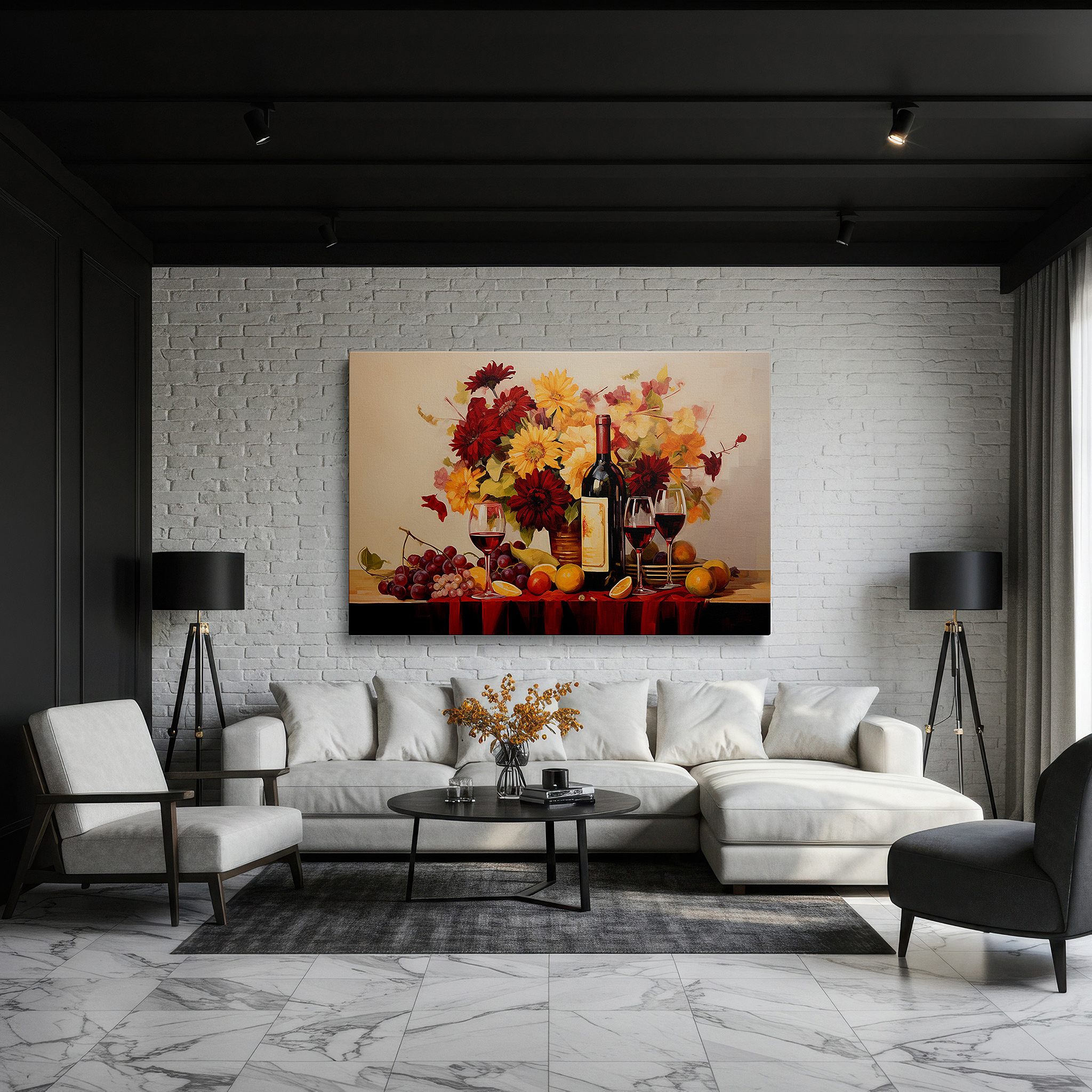 Side profile highlights a tightly wrapped canvas over a 3 cm deep stretcher — joyful celebration of life with wine, fruit, and flowers: large canvas wall art for home and office decor