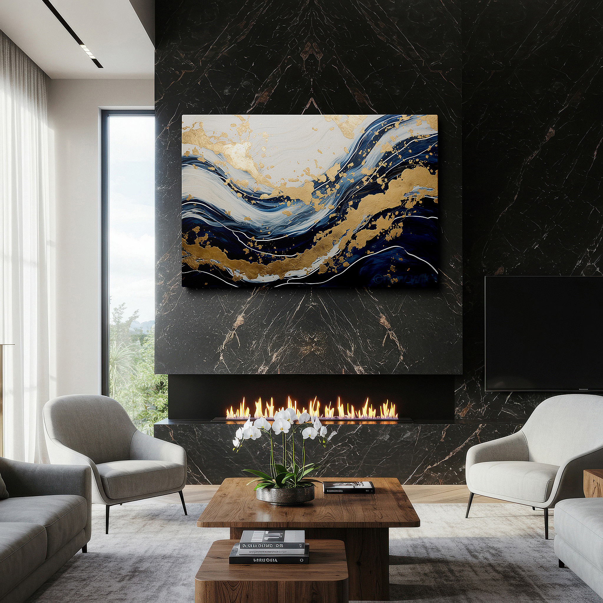Side profile highlights a tightly wrapped canvas over a 3 cm deep stretcher — luxurious large wall art featuring dynamic ocean waves in blue and white with gold leaf accents, perfect for office or bedroom decor