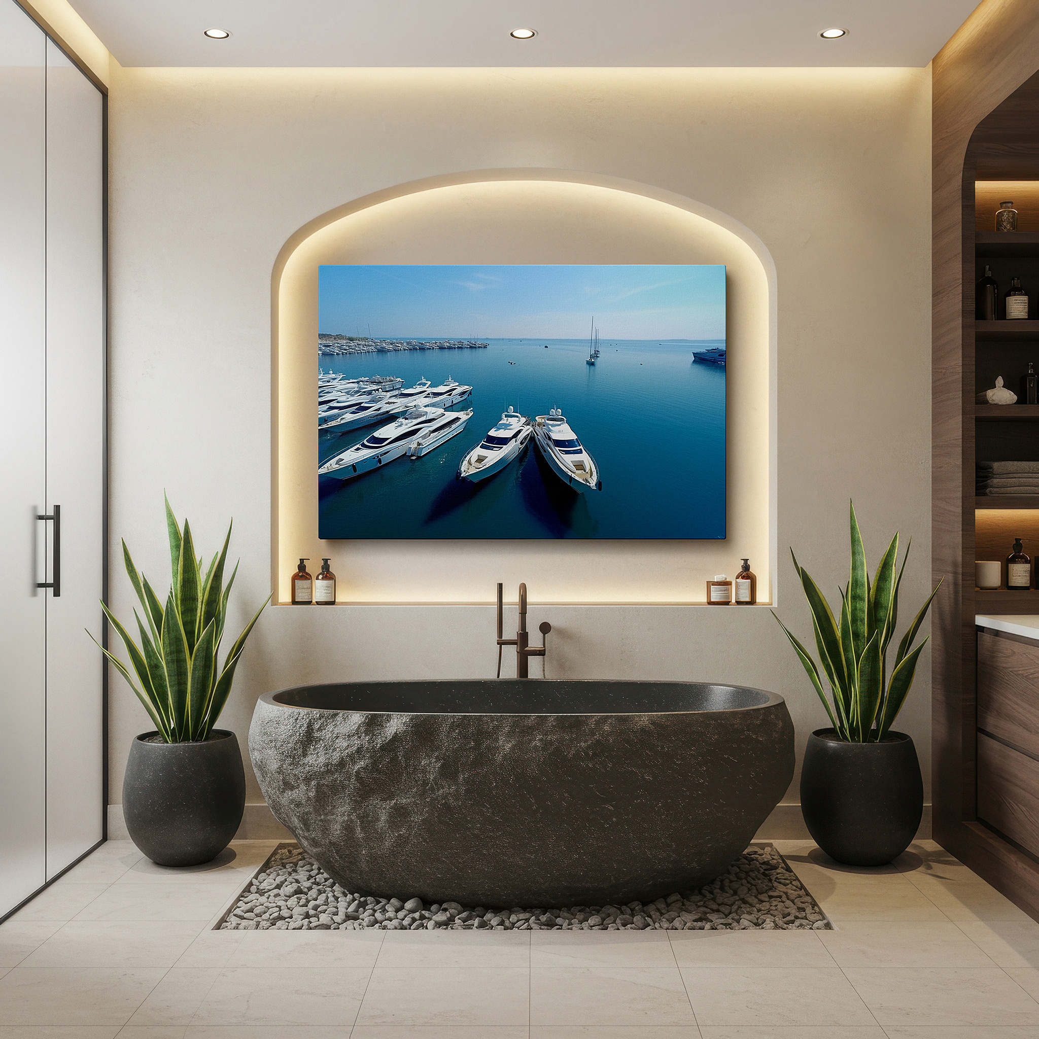 Side profile highlights a tightly wrapped canvas over a 3 cm deep stretcher — luxurious yachts in crystal-clear waters reflecting serenity and opulence - large wall art, canvas wall art, wall art decor, office wall art, bedroom wall art