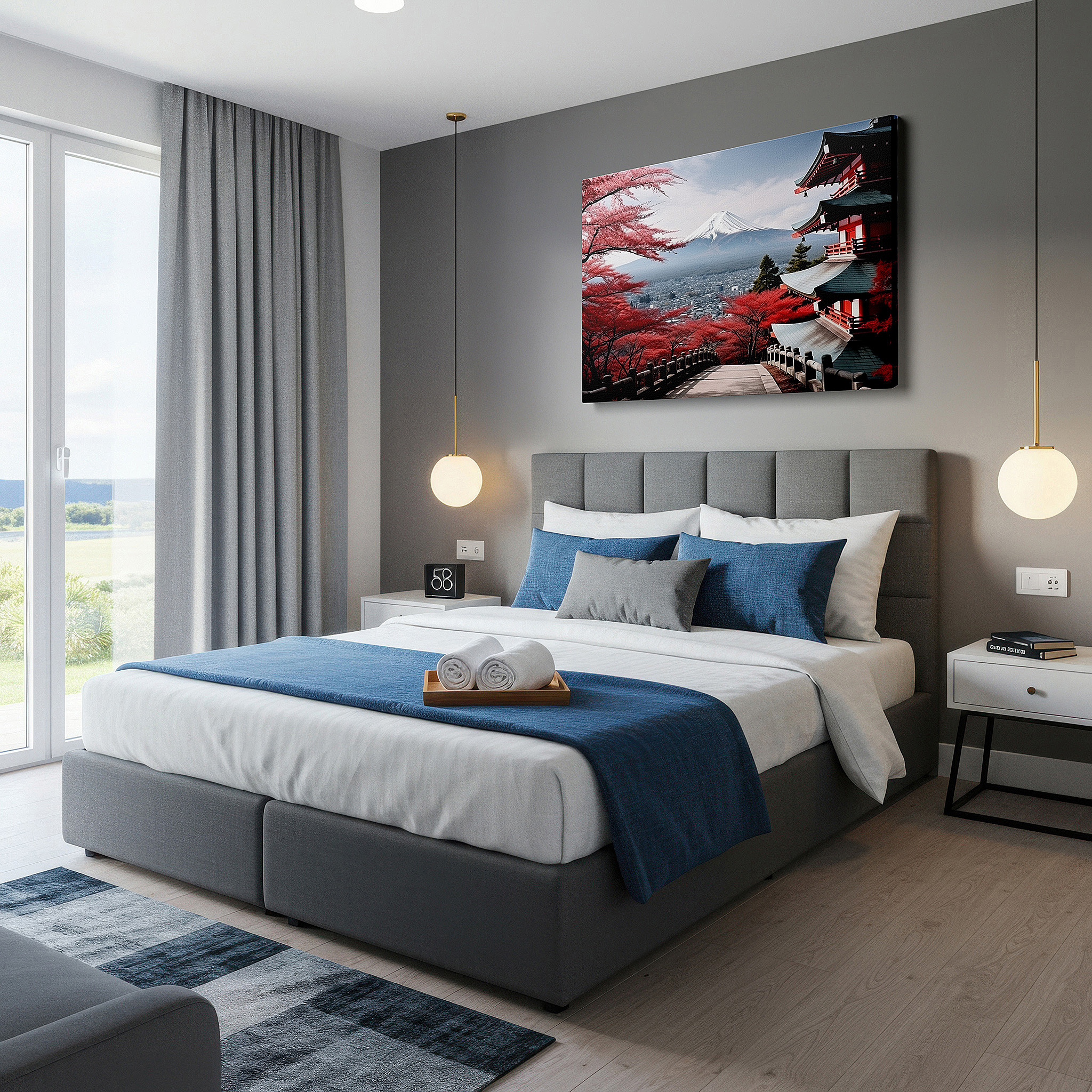 Side profile highlights a tightly wrapped canvas over a 3 cm deep stretcher — mount fuji and cherry blossoms featuring a japanese pagoda: a serene fusion of nature and culture - large canvas wall art for office decor