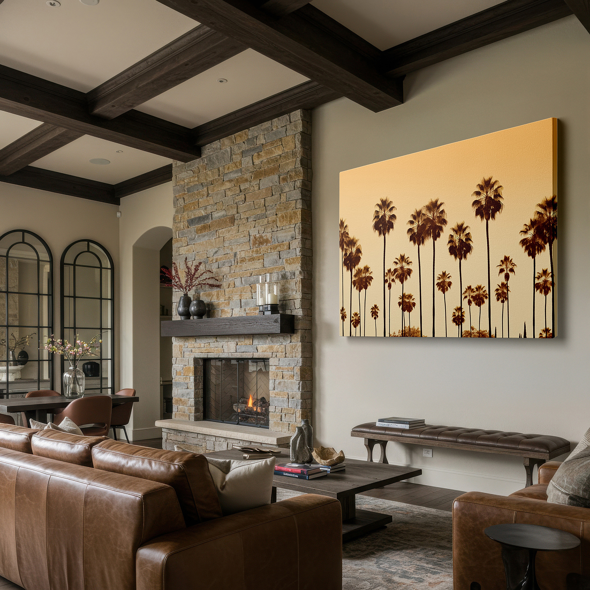 Side profile highlights a tightly wrapped canvas over a 3 cm deep stretcher — palm trees silhouetted against a golden-orange sky, tranquil tropical escape large wall art, canvas wall art, wall decor for office and bedroom