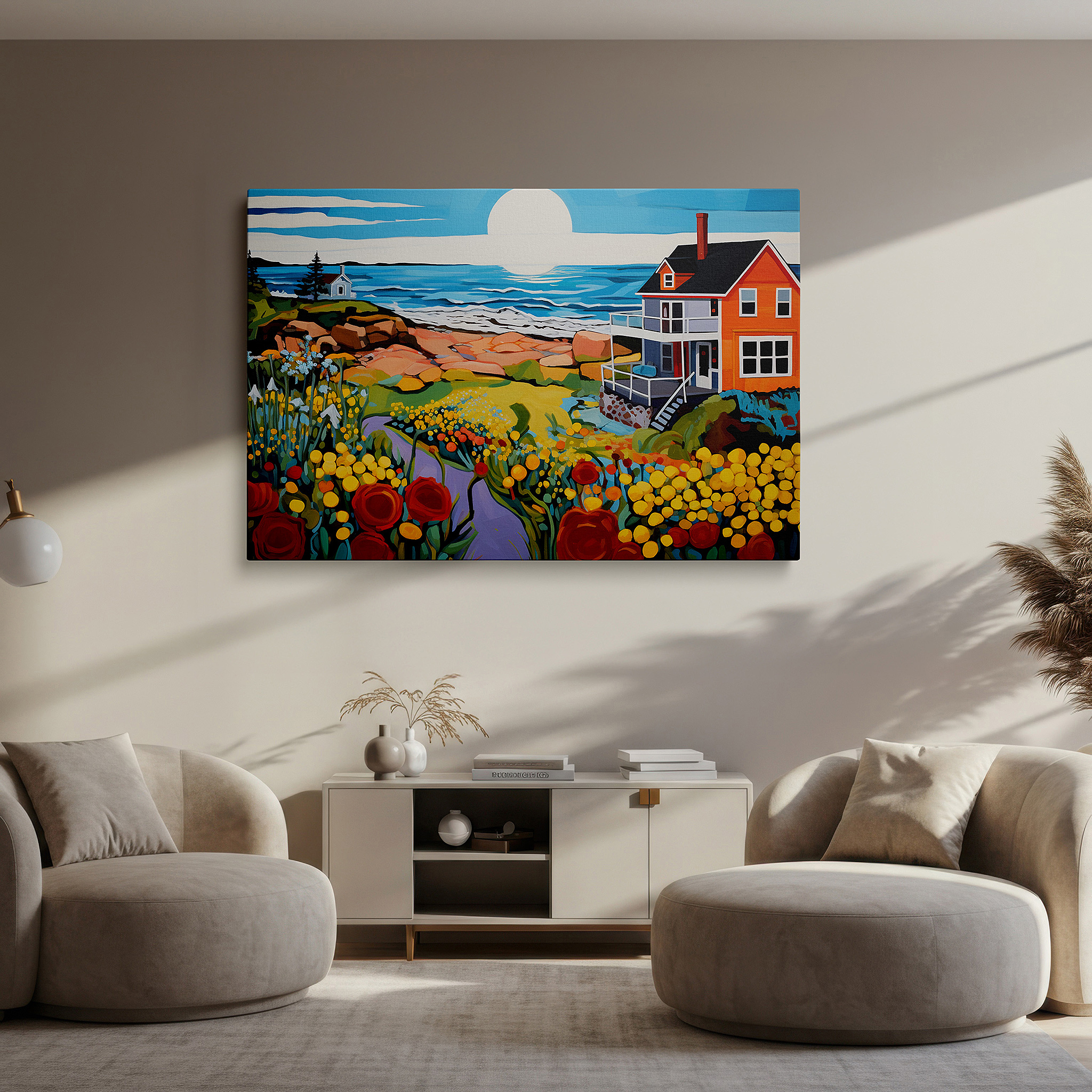 Side profile highlights a tightly wrapped canvas over a 3 cm deep stretcher — serene beach house scene: tranquil coastal elegance and nature's vibrant beauty in large canvas wall art for home and office decor