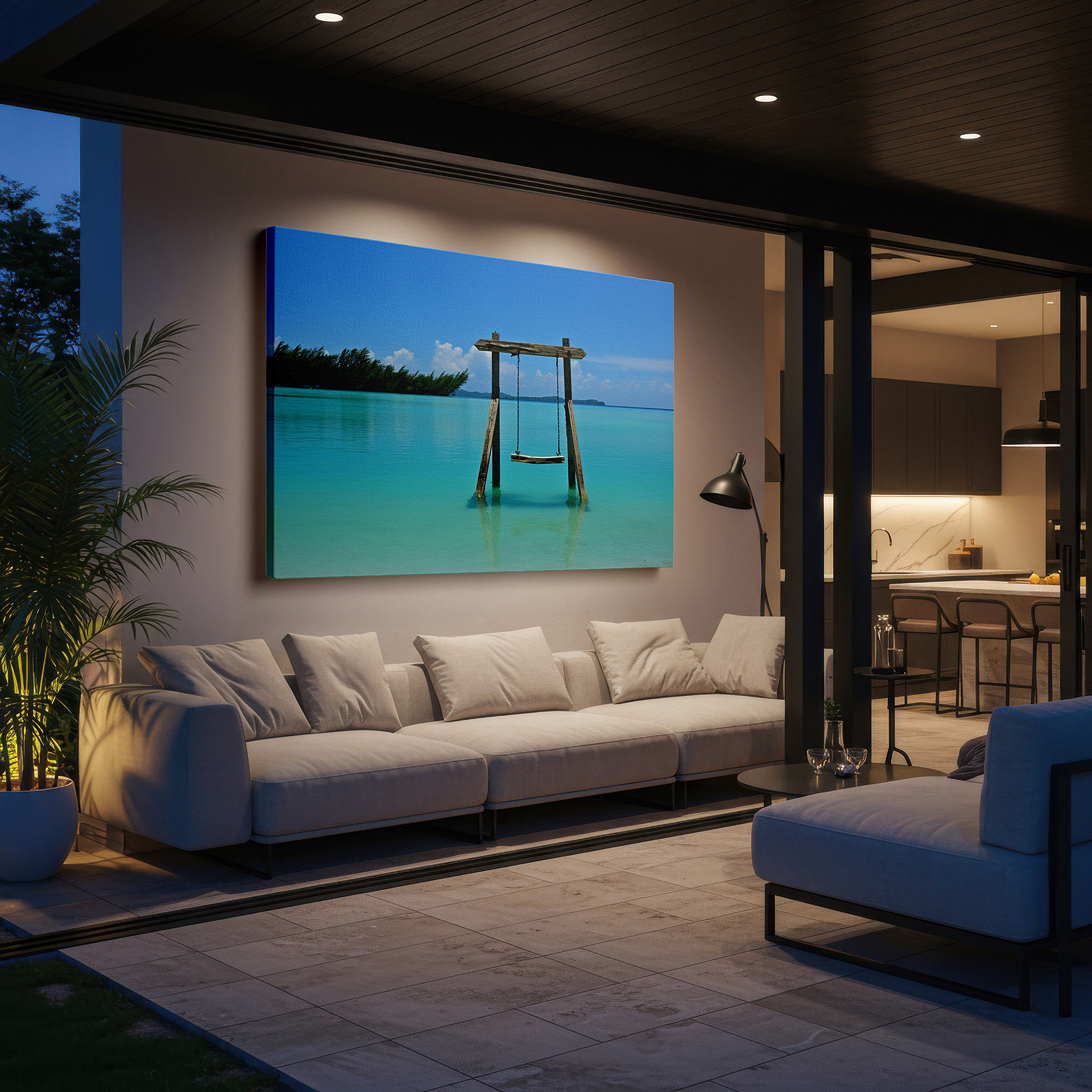 Side profile highlights a tightly wrapped canvas over a 3 cm deep stretcher — serene beach landscape featuring a lone swing above turquoise waters - large canvas wall art for office, bedroom, and living room decor