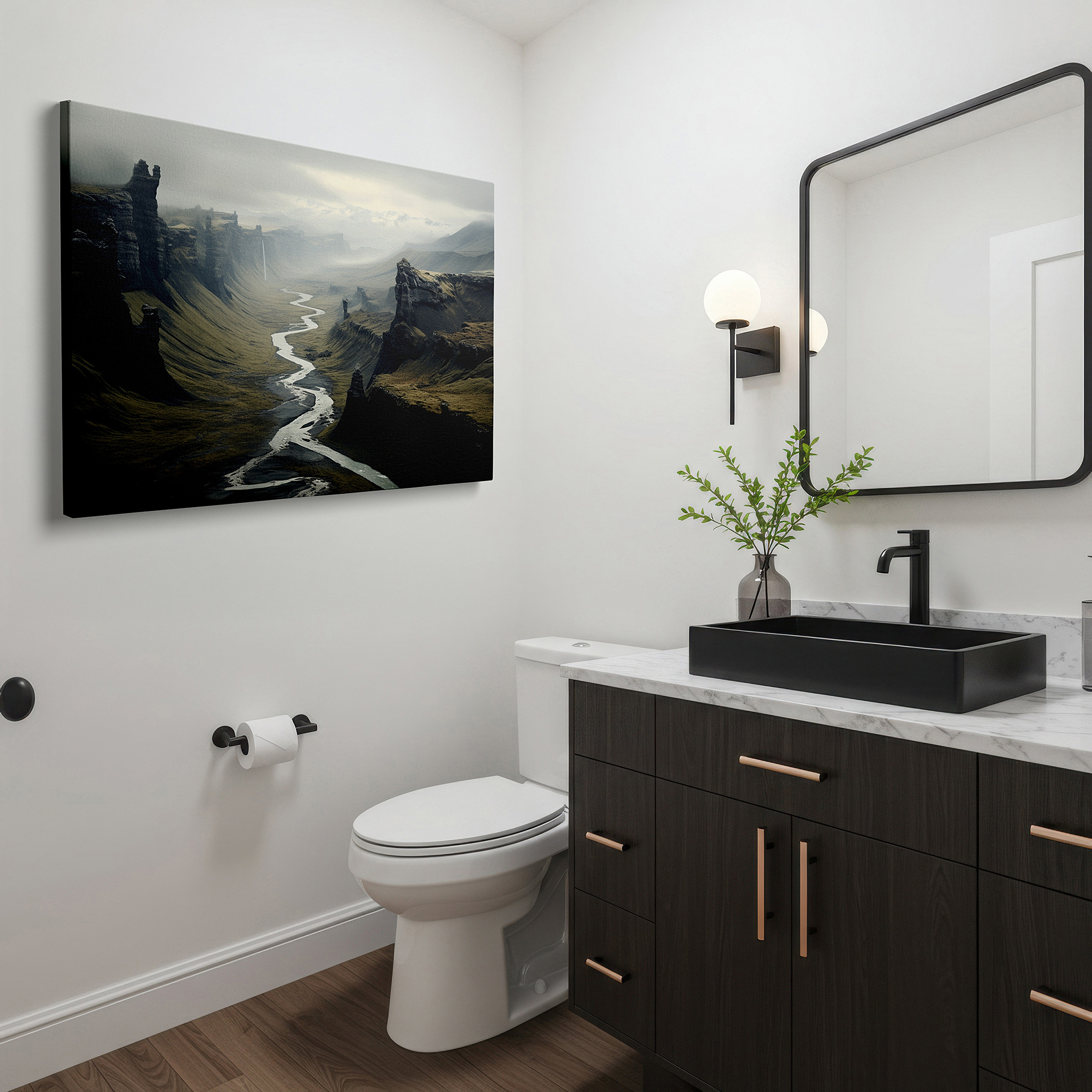 Side profile highlights a tightly wrapped canvas over a 3 cm deep stretcher — serene canyon landscape with majestic river and towering rocks - large canvas wall art for office, bedroom, and living room decor