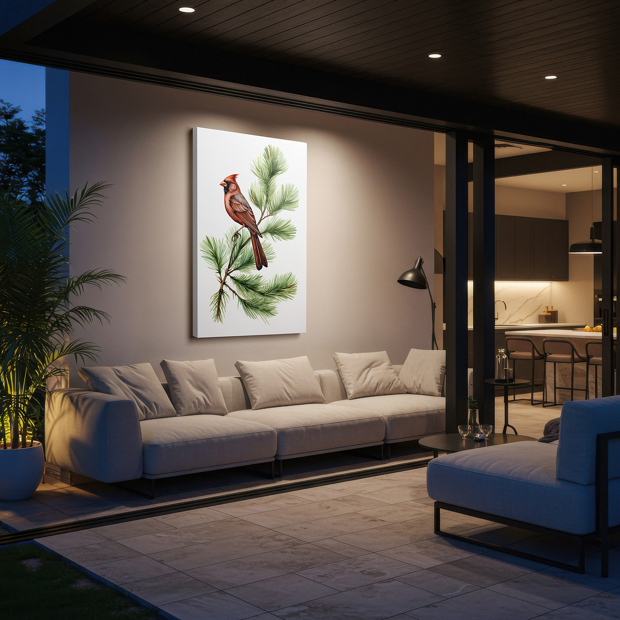 Side profile highlights a tightly wrapped canvas over a 3 cm deep stretcher — serene cardinal on pine branch: a vivid depiction of nature's tranquil moments - large canvas wall art for home and office decor