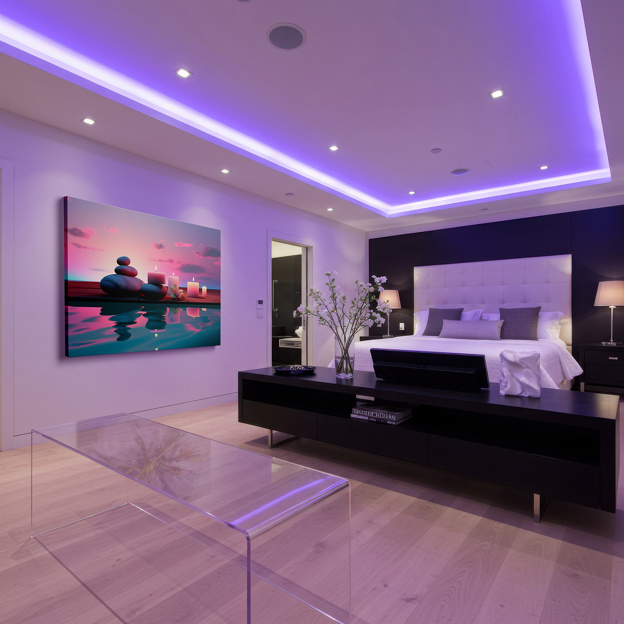 Side profile highlights a tightly wrapped canvas over a 3 cm deep stretcher — serene dusk wall art: smooth stones and flickering candles under a vibrant sunset sky - large canvas wall art for office and bedroom decor