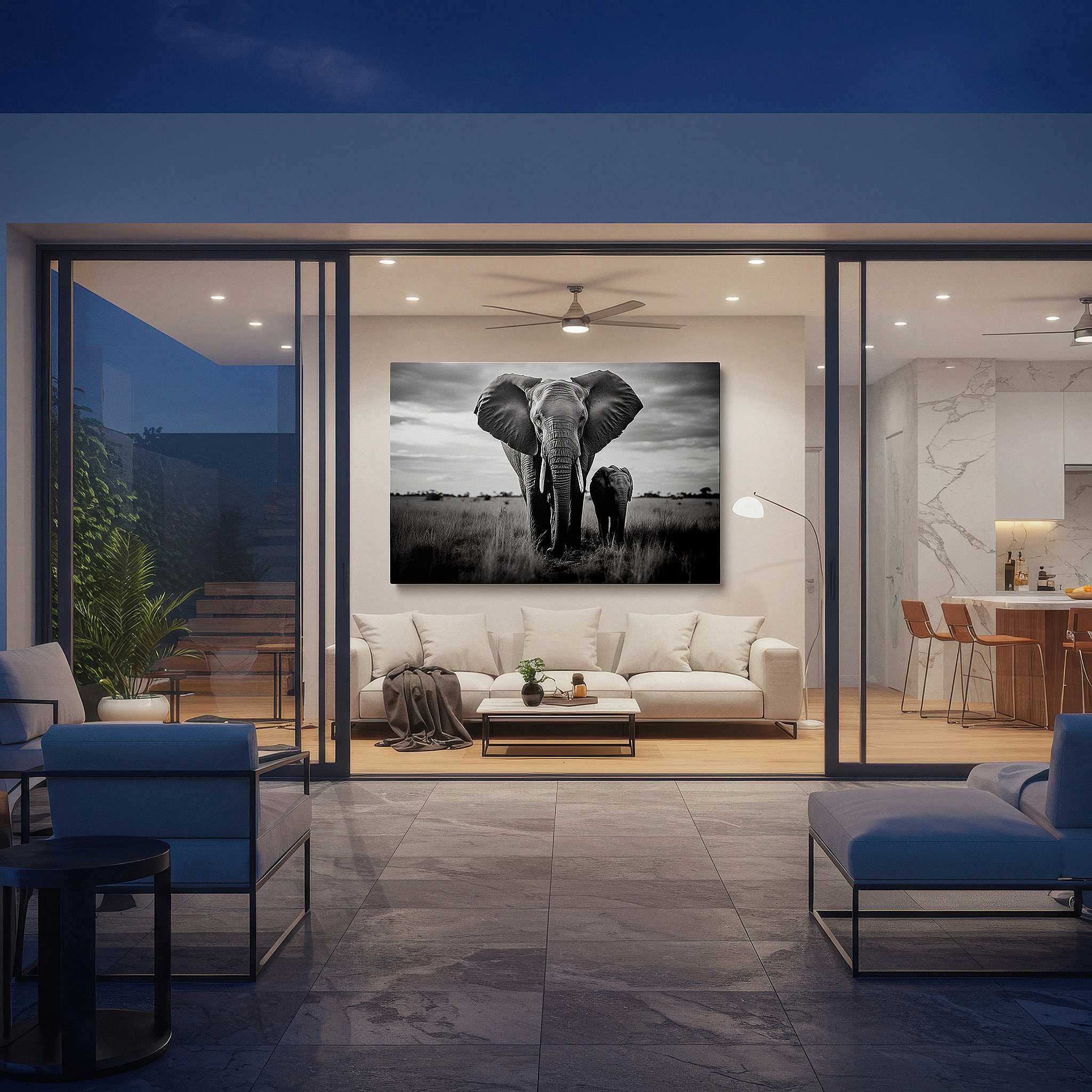Side profile highlights a tightly wrapped canvas over a 3 cm deep stretcher — serene elephants beneath a cloudy sky - tranquil wildlife scene large wall art, canvas wall art, wall decor for office and bedroom