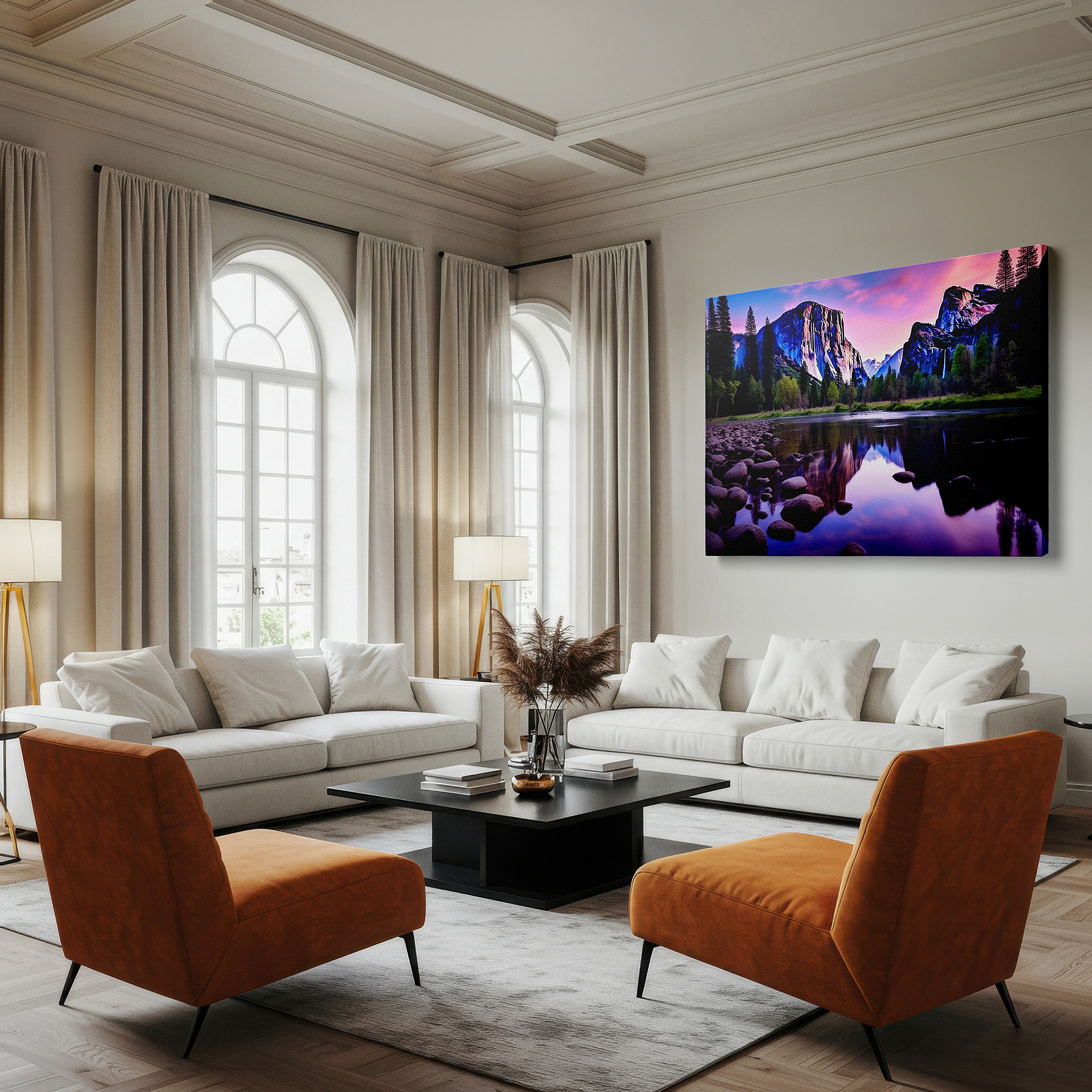 Side profile highlights a tightly wrapped canvas over a 3 cm deep stretcher — serene sunrise reflections on a secluded lake, large canvas wall art by majestic cliffs, ideal for office and bedroom decor