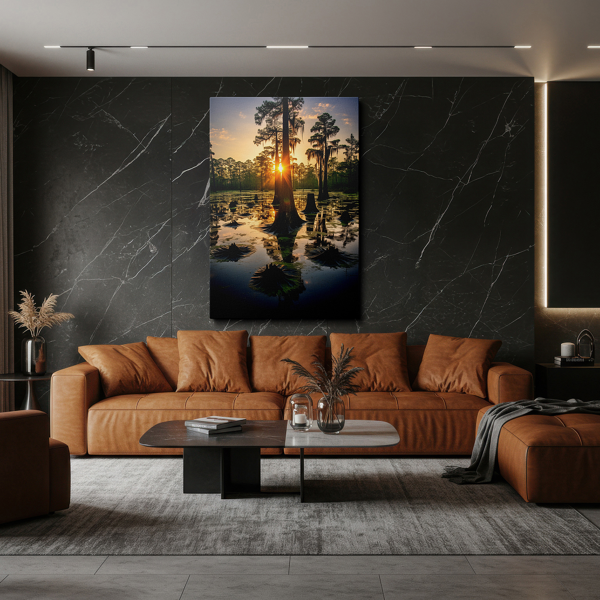 Side profile highlights a tightly wrapped canvas over a 3 cm deep stretcher — serene sunset over cypress swamp: a tranquil reflection of nature's majesty - large canvas wall art for office and bedroom decor