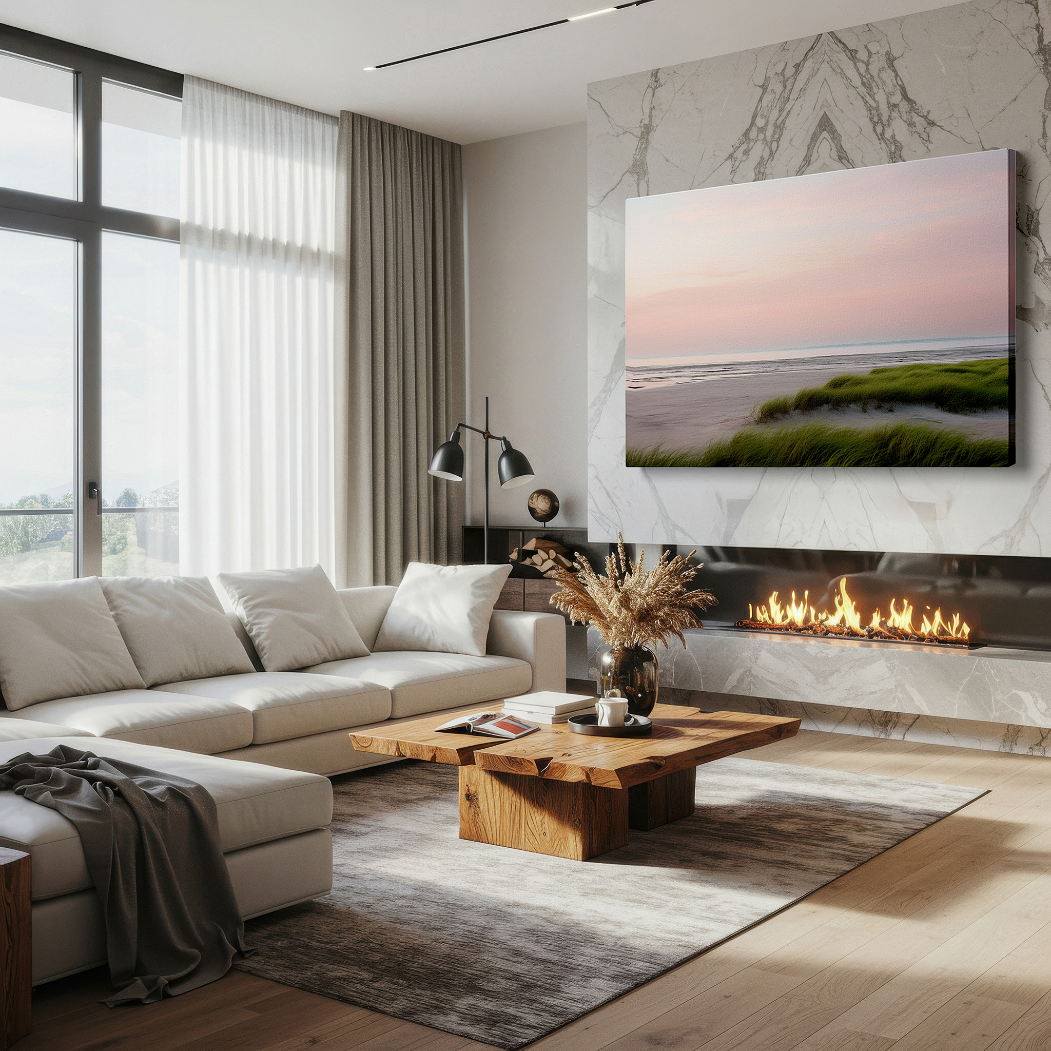 Side profile highlights a tightly wrapped canvas over a 3 cm deep stretcher — serene sunset on a quiet beach with soft pastel skies and gentle green grasses - large wall art, canvas wall art, wall decor for office and bedroom
