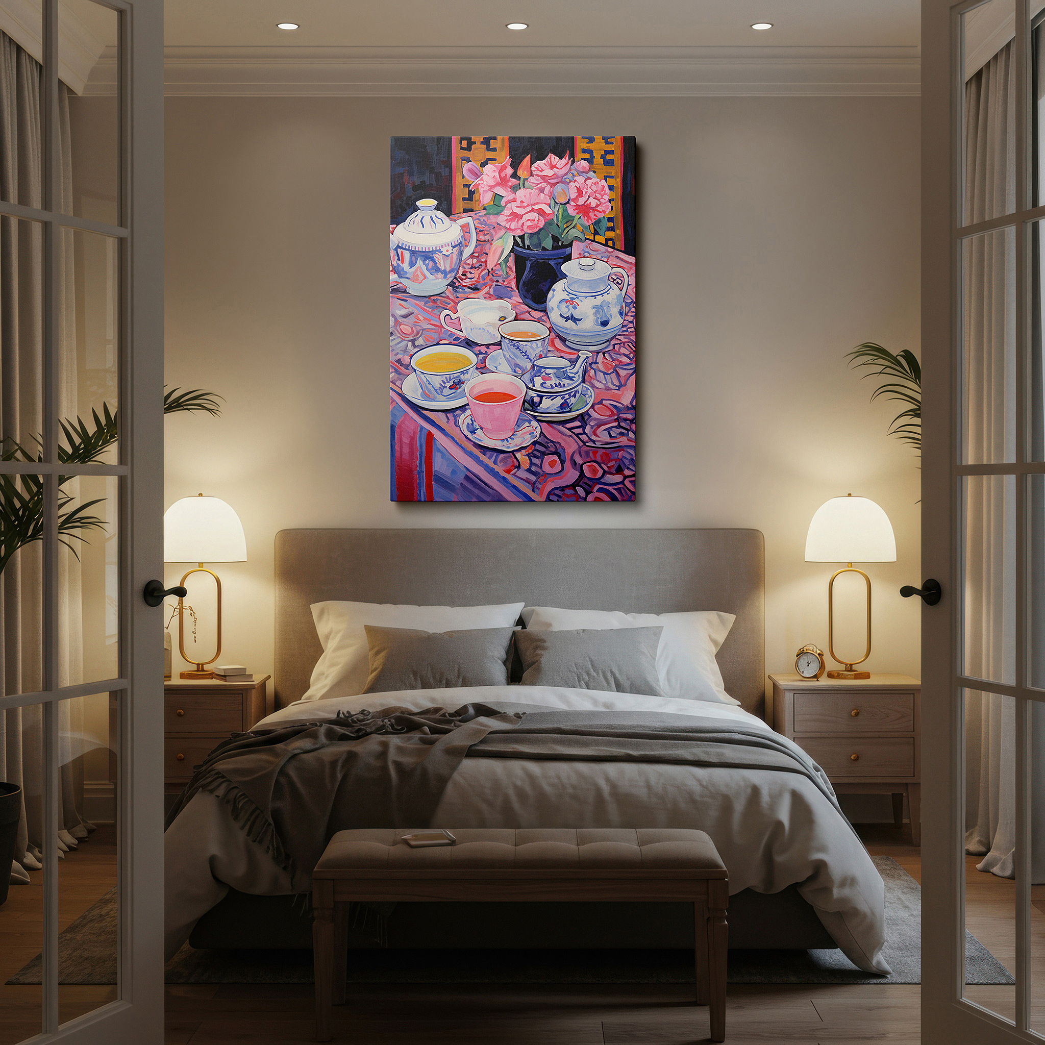 Side profile highlights a tightly wrapped canvas over a 3 cm deep stretcher — serene tea time canvas wall art featuring vibrant flowers and luxurious textiles for office and bedroom decor