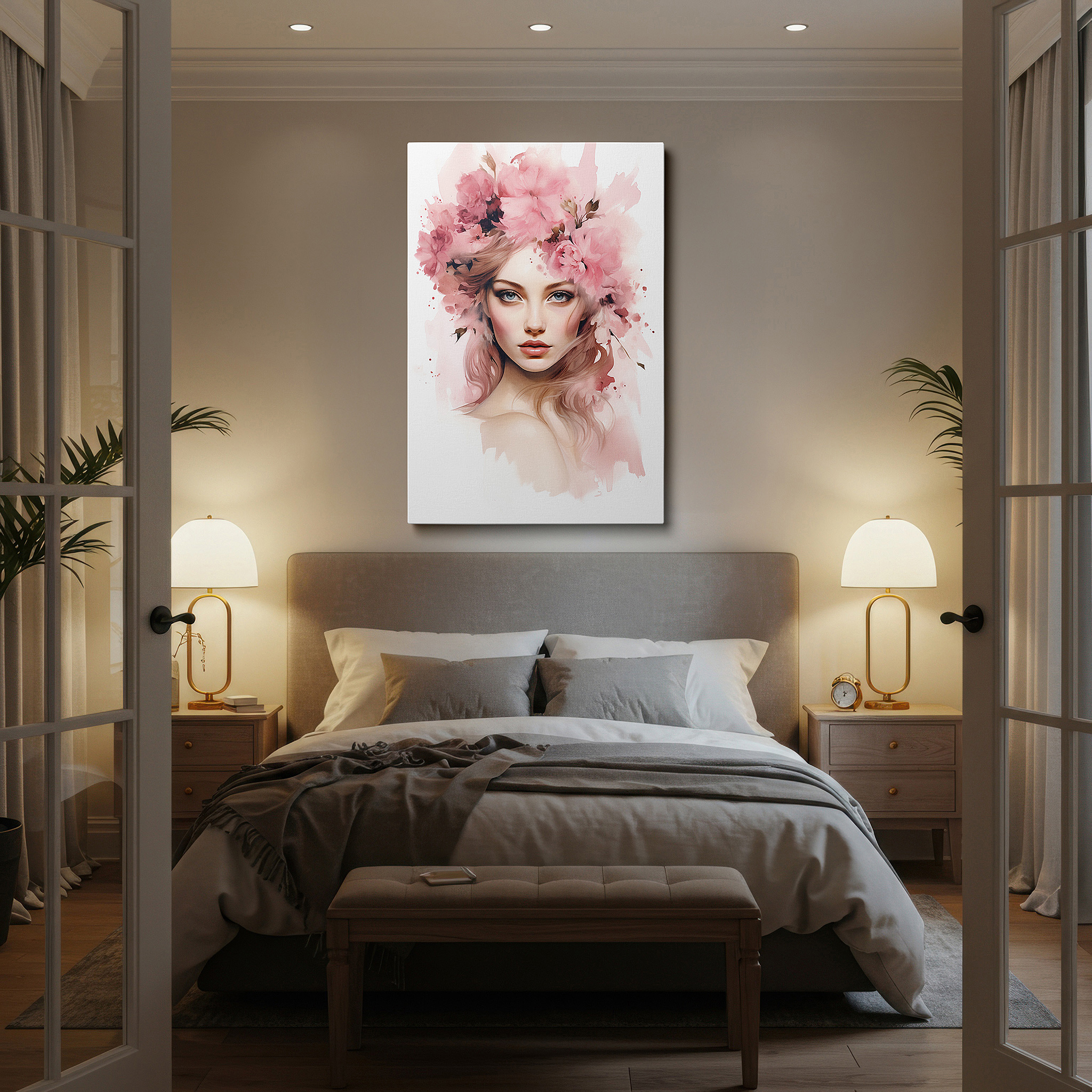 Side profile highlights a tightly wrapped canvas over a 3 cm deep stretcher — serene young woman surrounded by bright pink blossoms large wall art, canvas wall art, wall decor for office and bedroom