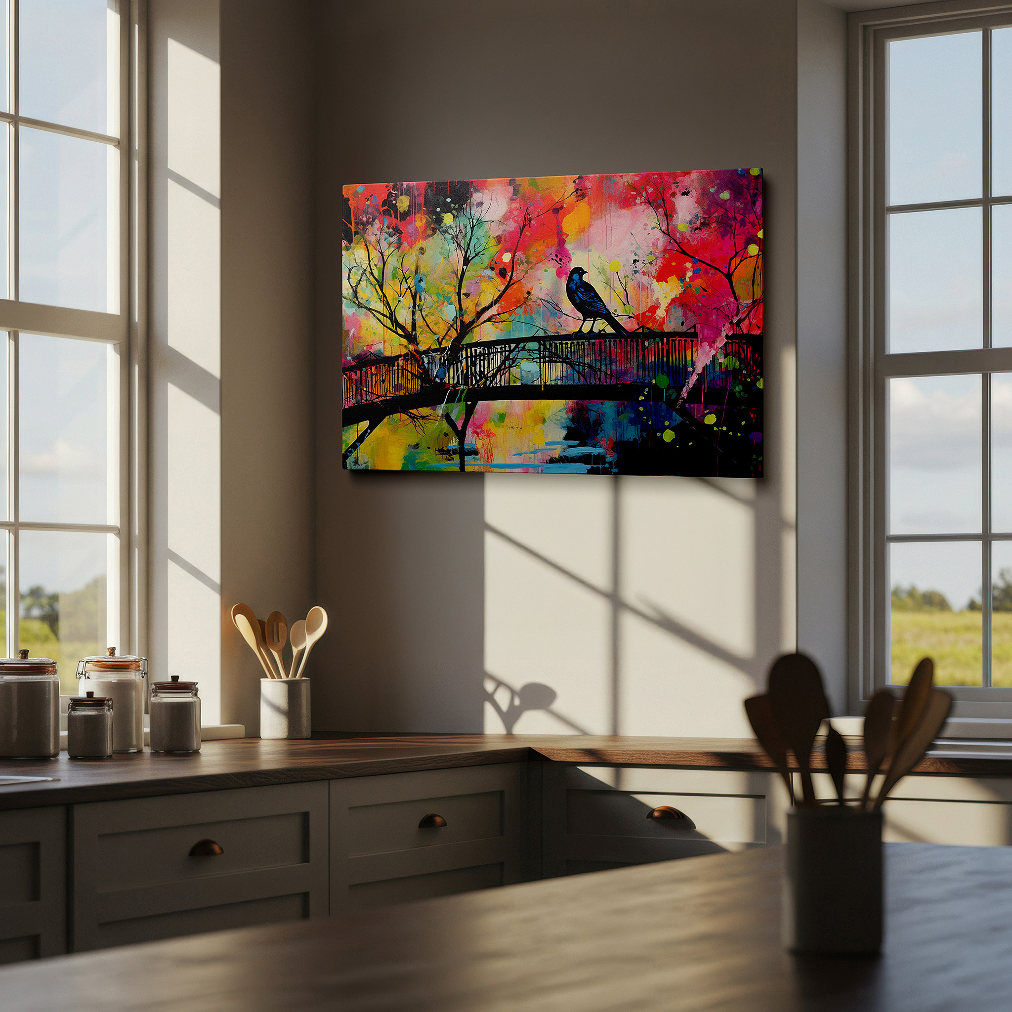 Side profile highlights a tightly wrapped canvas over a 3 cm deep stretcher — solitary bird on a bridge surrounded by vivid abstract splashes: a reflection on solitude and nature, large canvas wall art decor