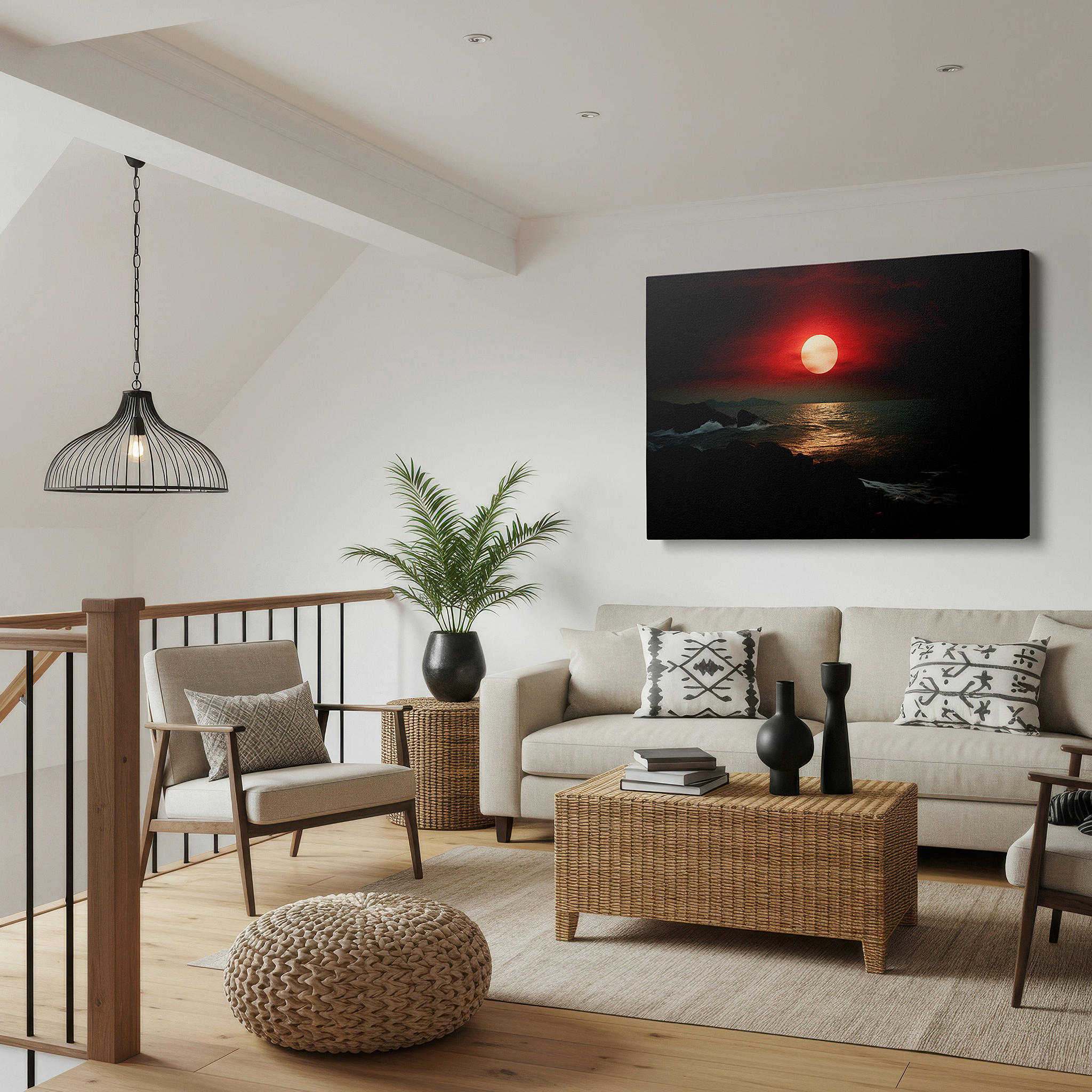 Side profile highlights a tightly wrapped canvas over a 3 cm deep stretcher — sunset ablaze: vivid reds reflecting on ocean waves against a dark coastline - large canvas wall art for home and office decor