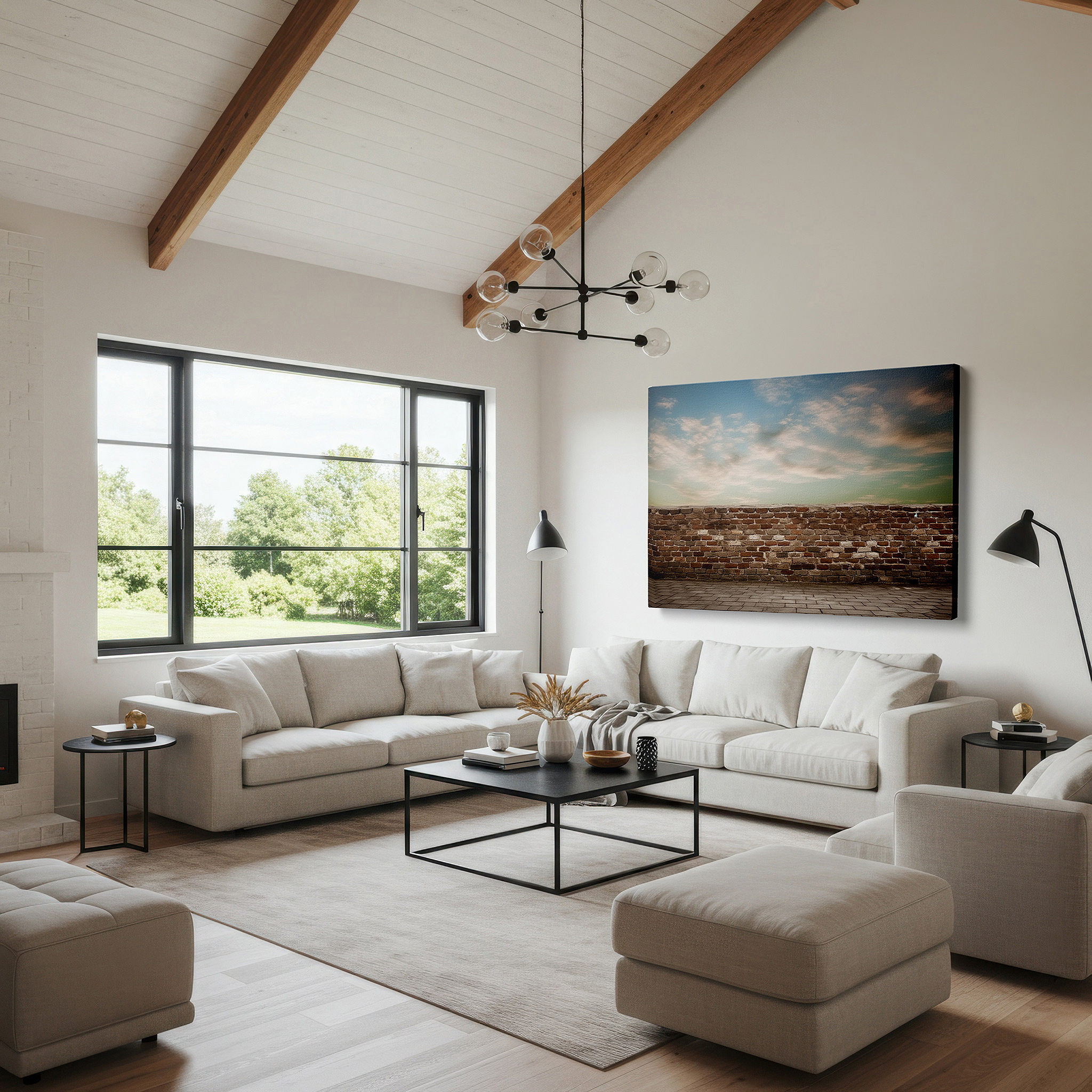 Side profile highlights a tightly wrapped canvas over a 3 cm deep stretcher — timeless blend of aged bricks and evening sky large wall art, canvas wall decor for office, bedroom, and living room