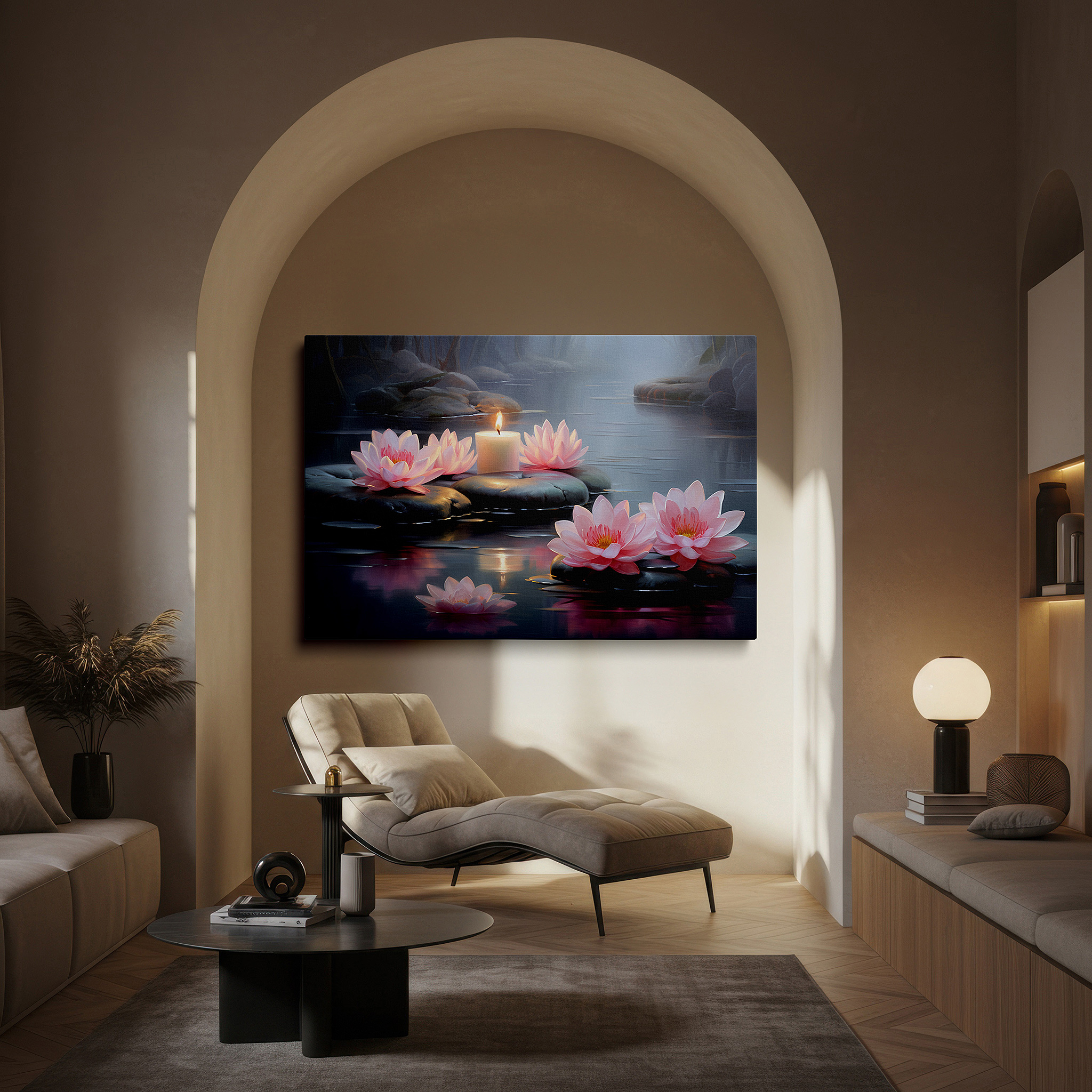 Side profile highlights a tightly wrapped canvas over a 3 cm deep stretcher — tranquil pond with water lilies and candlelight wall art: serene escape large canvas for home and office decor, perfect for living room and bedroom
