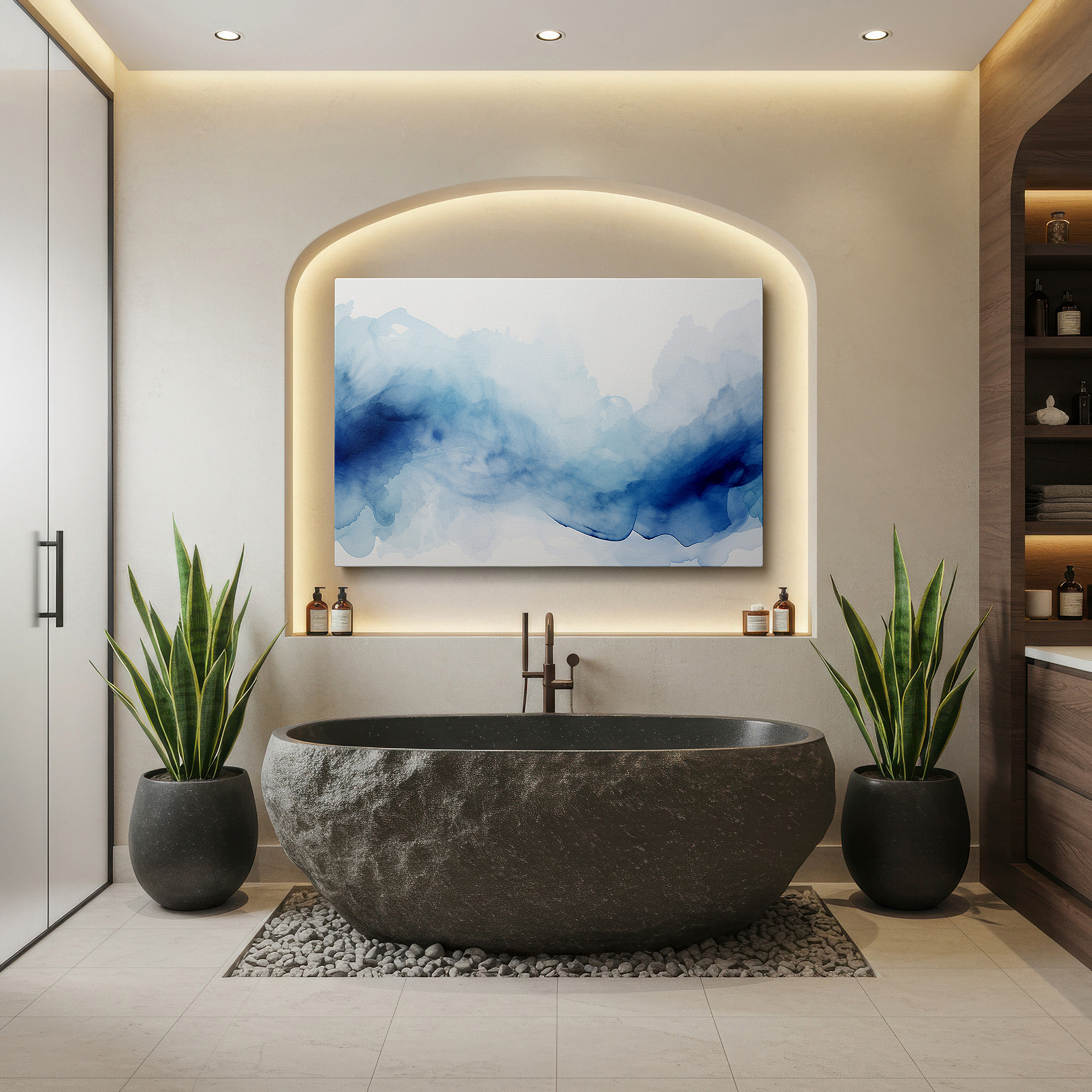 Side profile highlights a tightly wrapped canvas over a 3 cm deep stretcher — tranquil tides - a serene symphony of blues reflecting the ocean's rhythm large wall art, canvas wall art, wall decor for office and bedroom