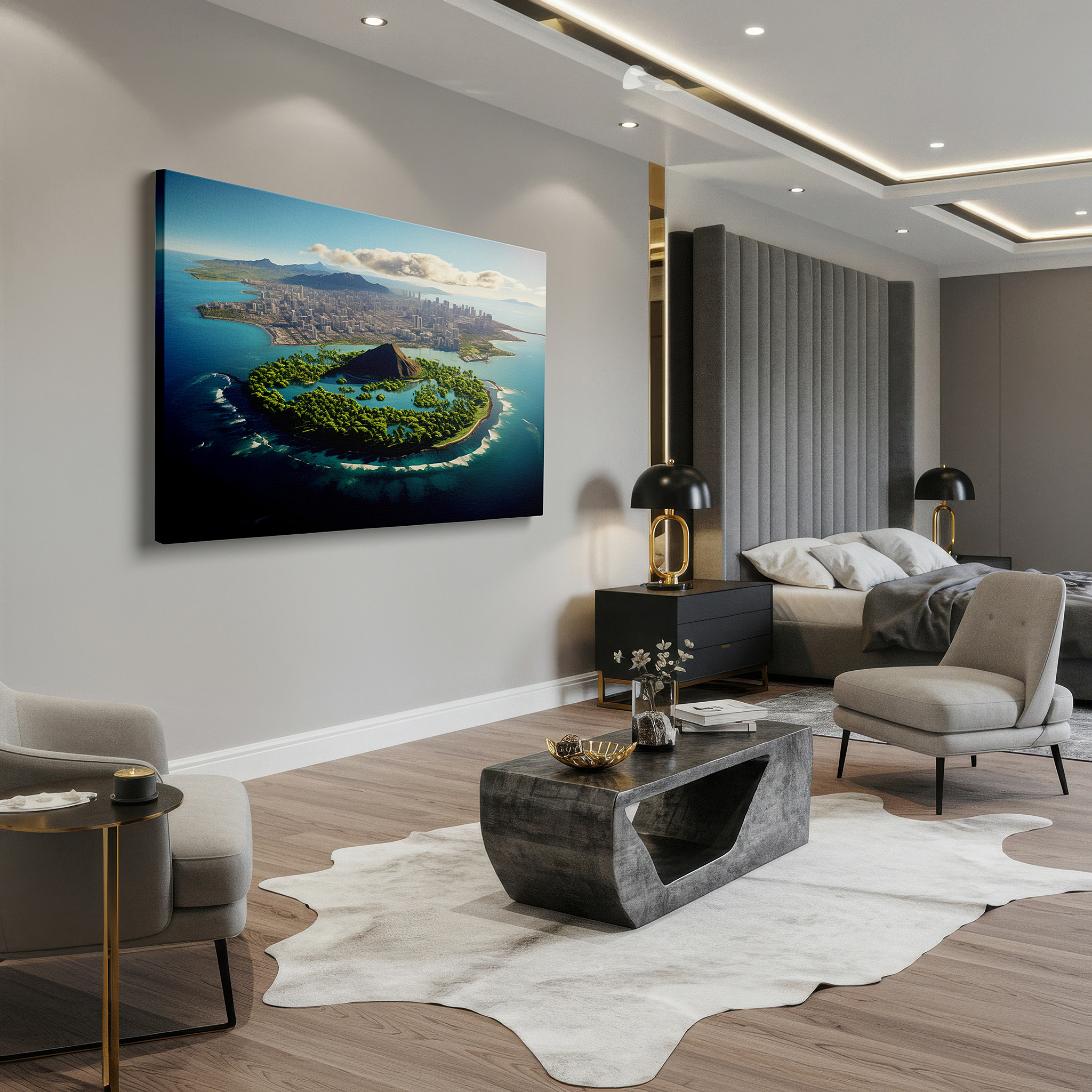 Side profile highlights a tightly wrapped canvas over a 3 cm deep stretcher — tropical island and urban skyline fusion: stunning nature and innovation large wall art, canvas wall art, wall decor for office