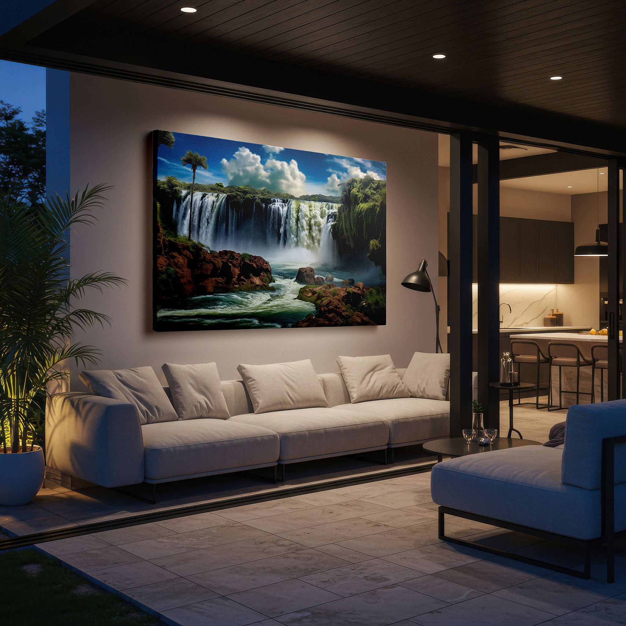 Side profile highlights a tightly wrapped canvas over a 3 cm deep stretcher — tropical paradise hidden waterfall oasis, serene retreat with lush foliage and shimmering pool, large canvas wall art decor