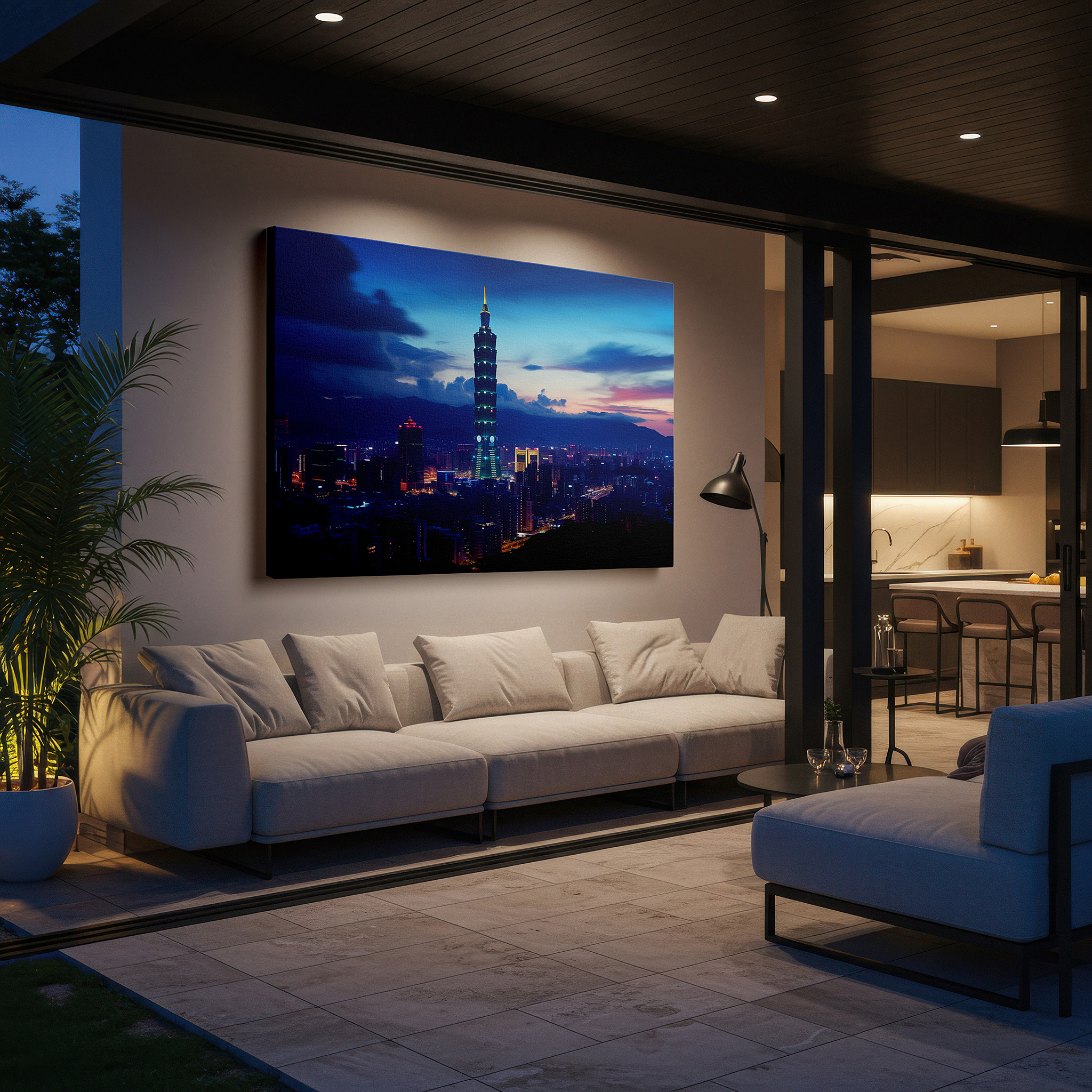 Side profile highlights a tightly wrapped canvas over a 3 cm deep stretcher — twilight majesty over taipei 101 - clouds and city lights dance large wall art, canvas wall art, wall decor for office and bedroom
