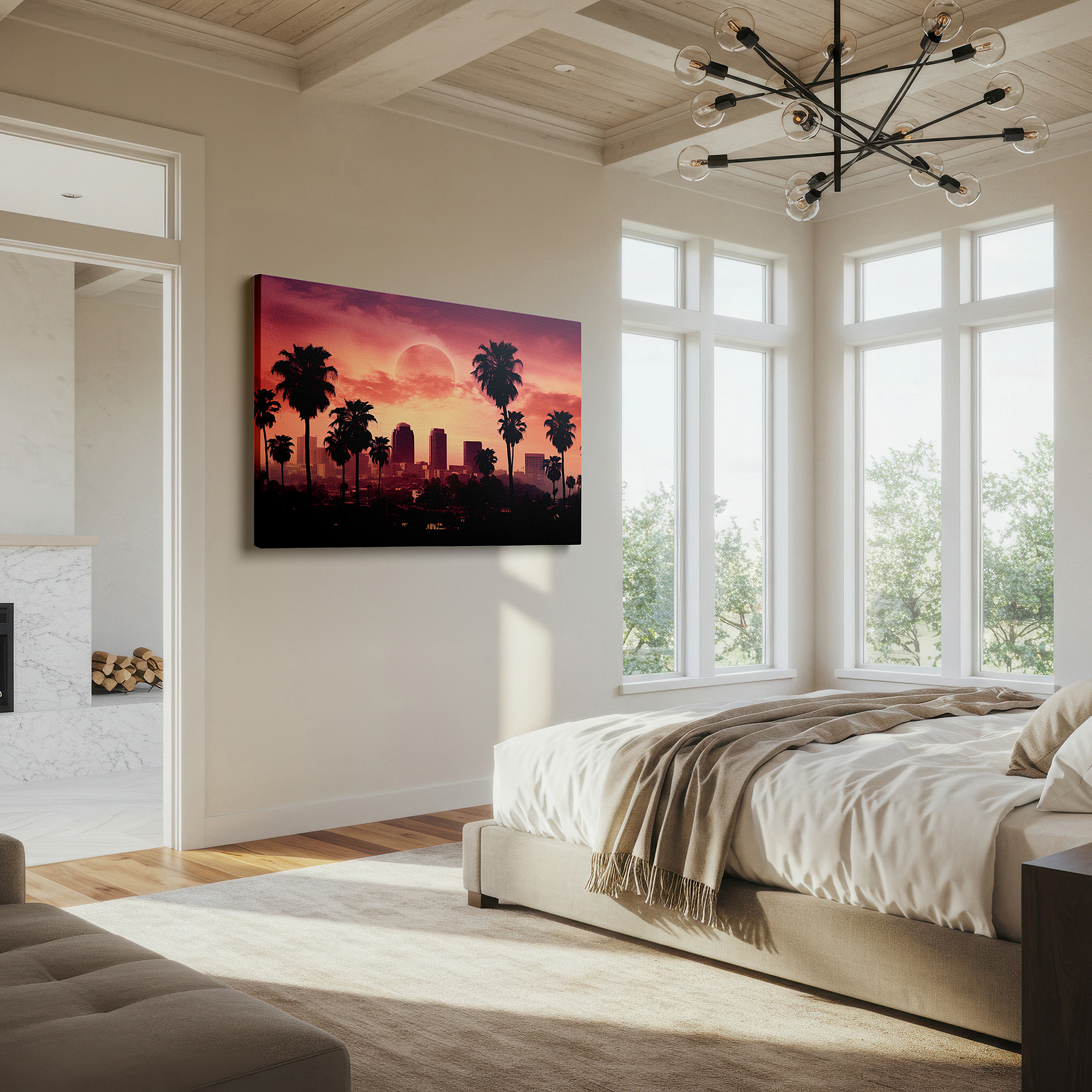 Side profile highlights a tightly wrapped canvas over a 3 cm deep stretcher — urban and tropical sunset skyline - serene fusion of city and nature large wall art, canvas decor for office and bedroom