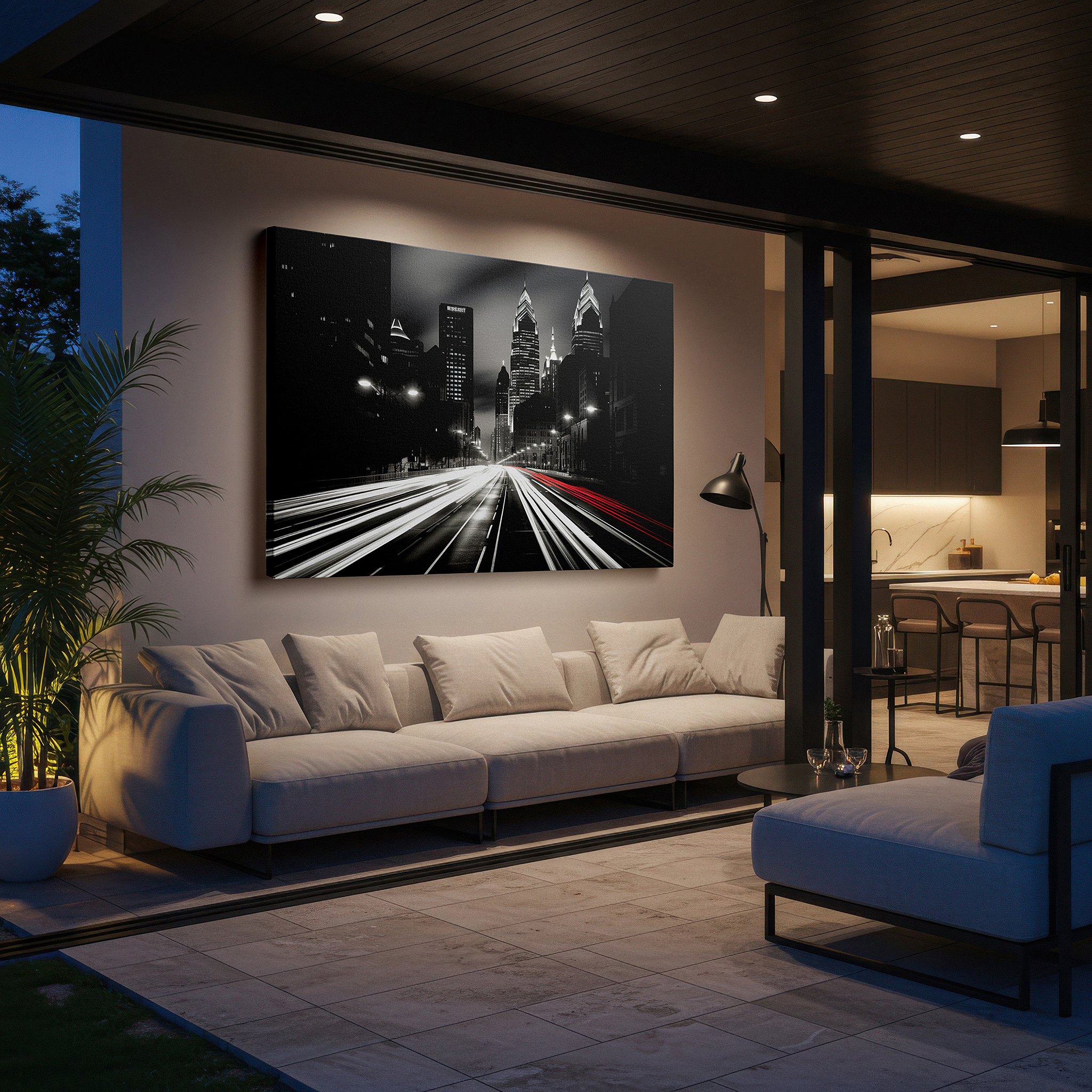 Side profile highlights a tightly wrapped canvas over a 3 cm deep stretcher — urban vitality wall art: dynamic black and white cityscape with light streaks and silhouetted skyscrapers - large canvas wall decor