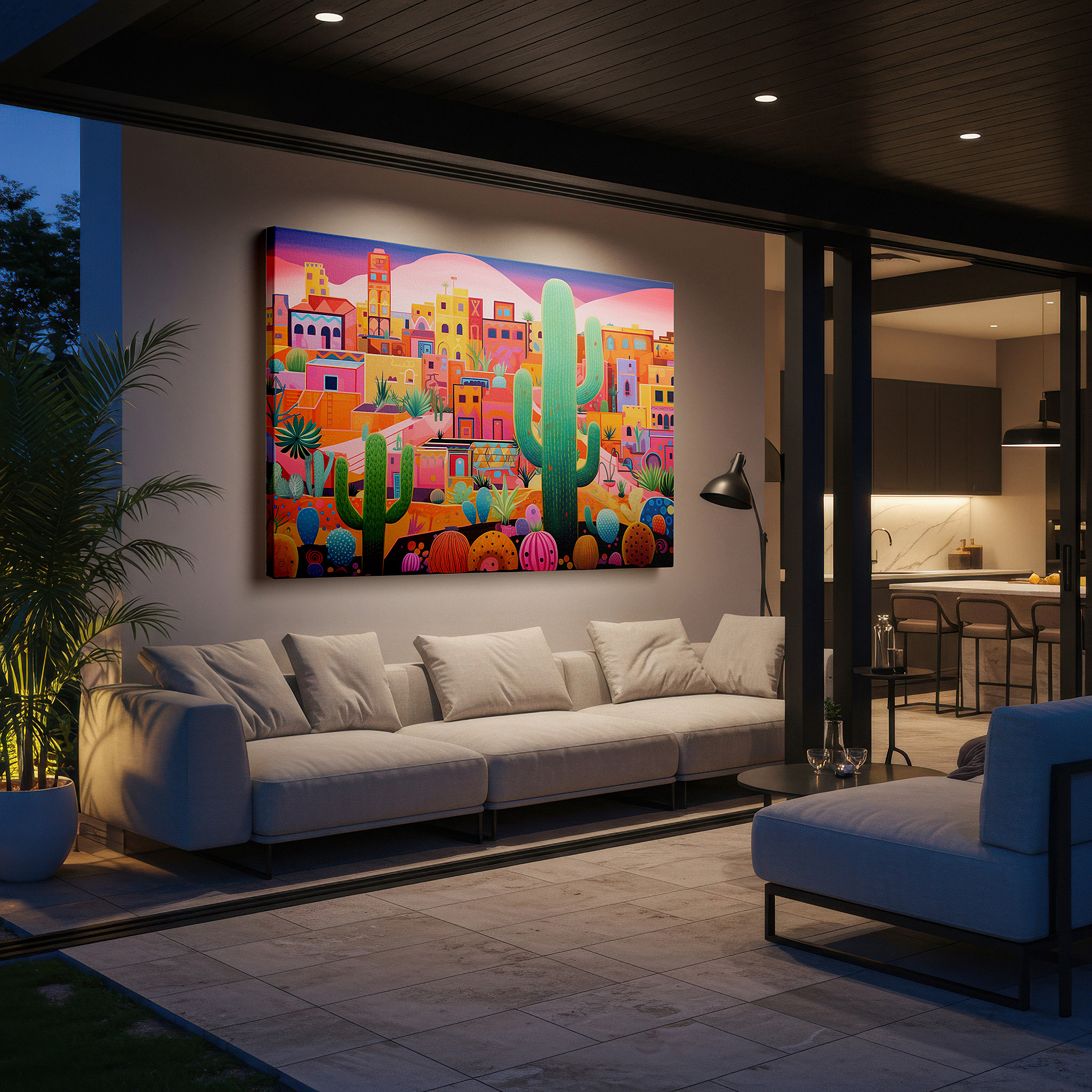 Side profile highlights a tightly wrapped canvas over a 3 cm deep stretcher — vibrant desert town surrounded by towering cacti: a cultural mosaic and resilient life - large wall art, canvas wall art, wall decor for office