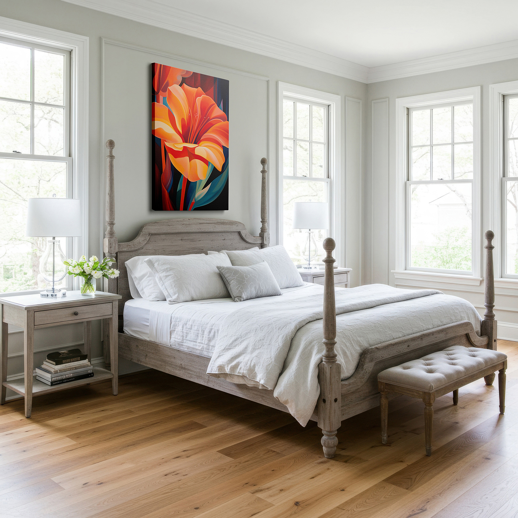 Side profile highlights a tightly wrapped canvas over a 3 cm deep stretcher — vibrant orange abstract flower large canvas wall art, perfect for office and bedroom decor