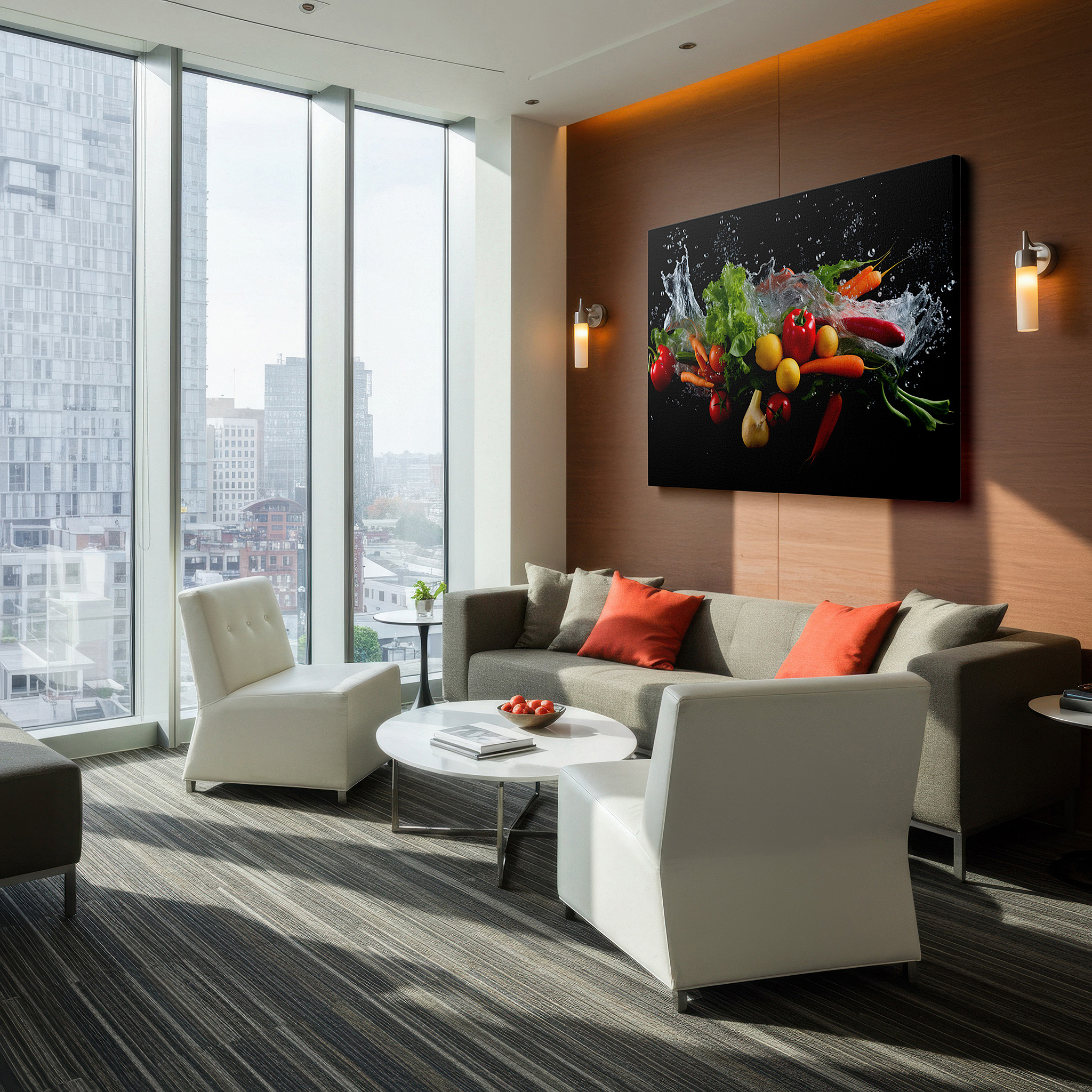 Side profile highlights a tightly wrapped canvas over a 3 cm deep stretcher — wall art: celebrating freshness with vibrant vegetables and sparkling water droplets - large canvas wall art for office and bedroom decor