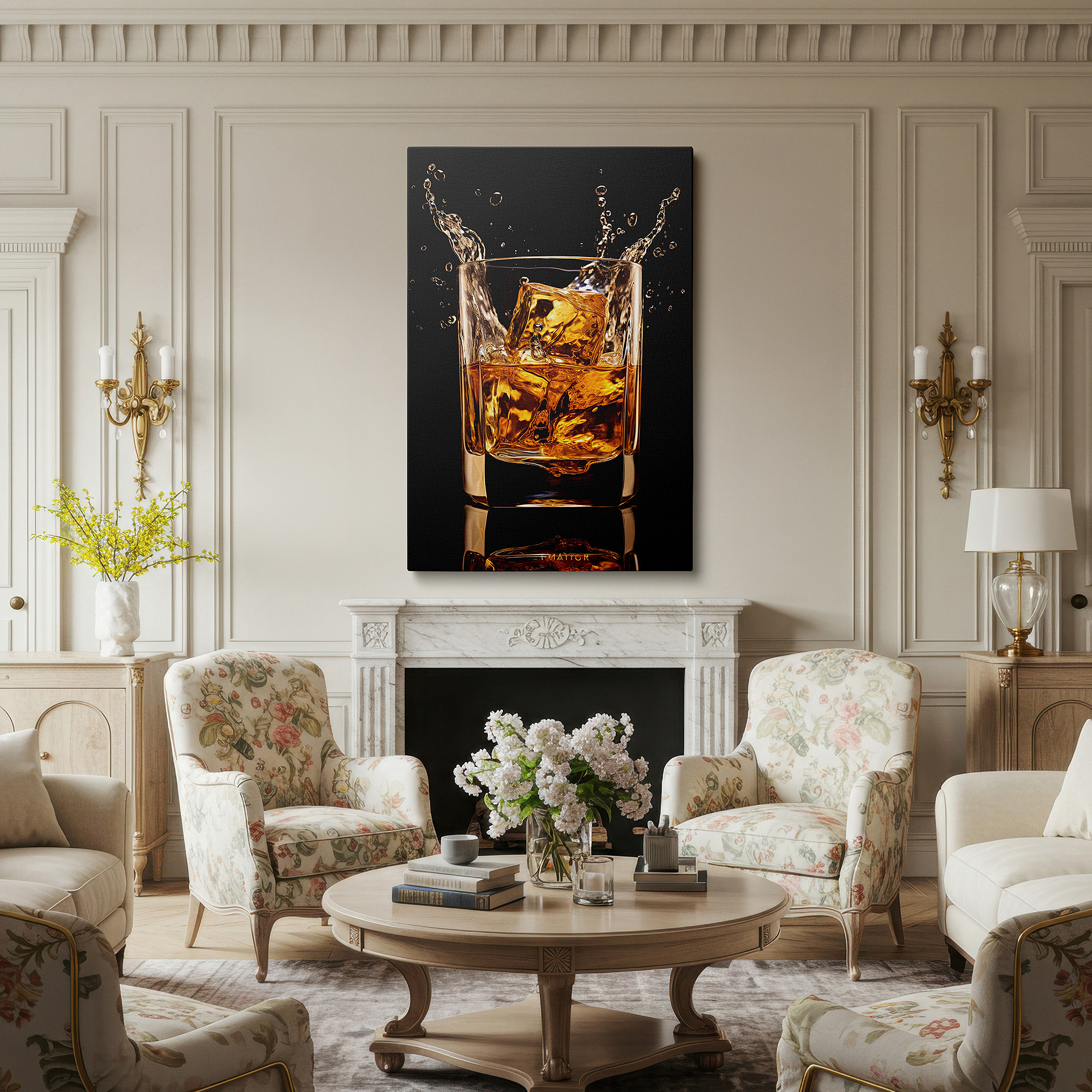 Side profile highlights a tightly wrapped canvas over a 3 cm deep stretcher — wall art: "a dance of ice and whiskey amidst golden splashes" - large canvas art for office, bedroom, and living room decor