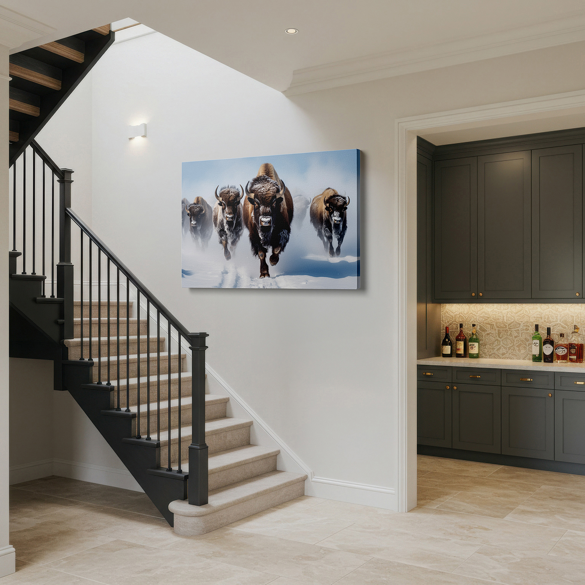 Side profile highlights a tightly wrapped canvas over a 3 cm deep stretcher — wall art: dynamic bison charge across snow-covered plains - large canvas wall art for office, bedroom, and living room decor