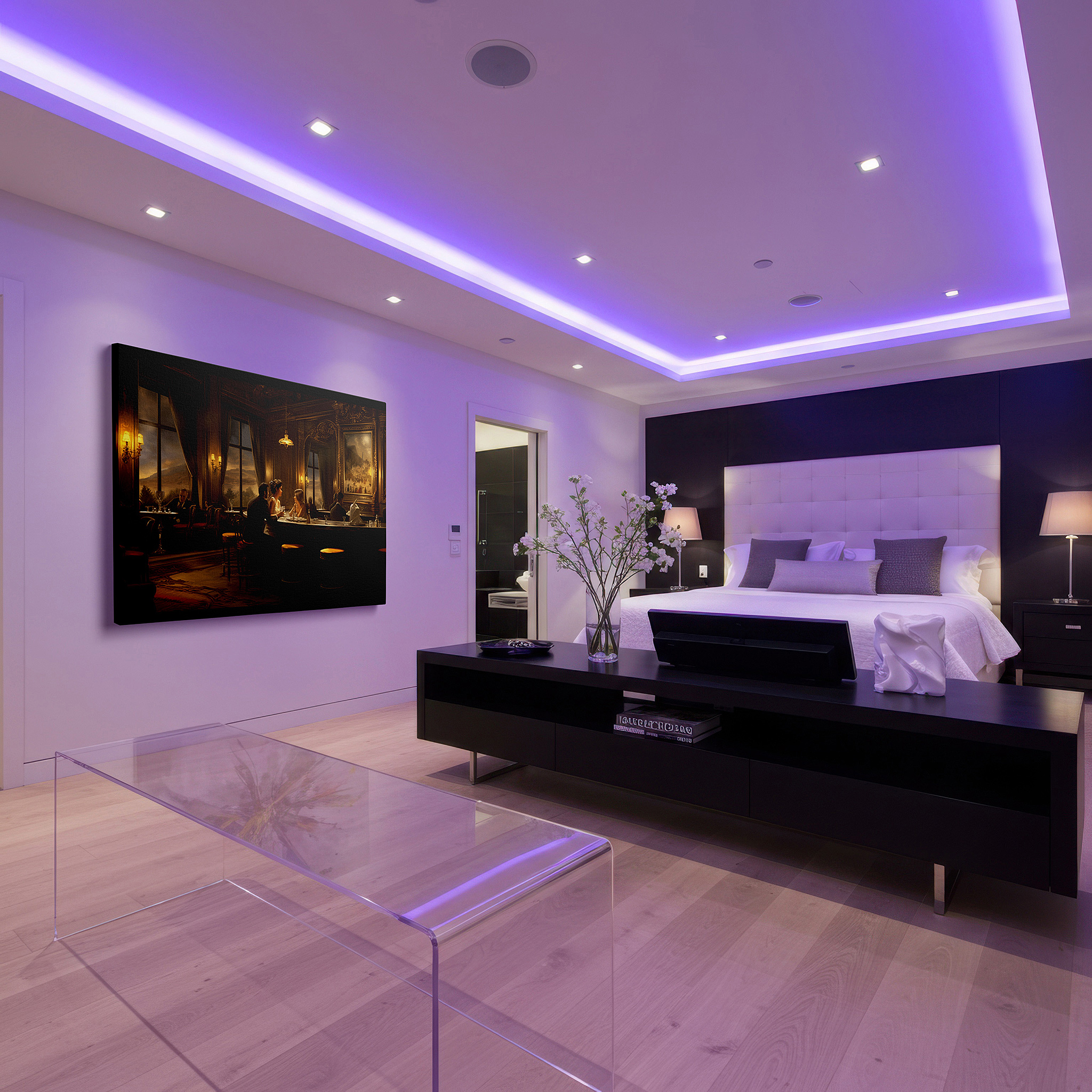 Side profile highlights a tightly wrapped canvas over a 3 cm deep stretcher — wall art: experience elegance and luxury in a bar setting with sophisticated, warm large canvas art perfect for office or home decor.
